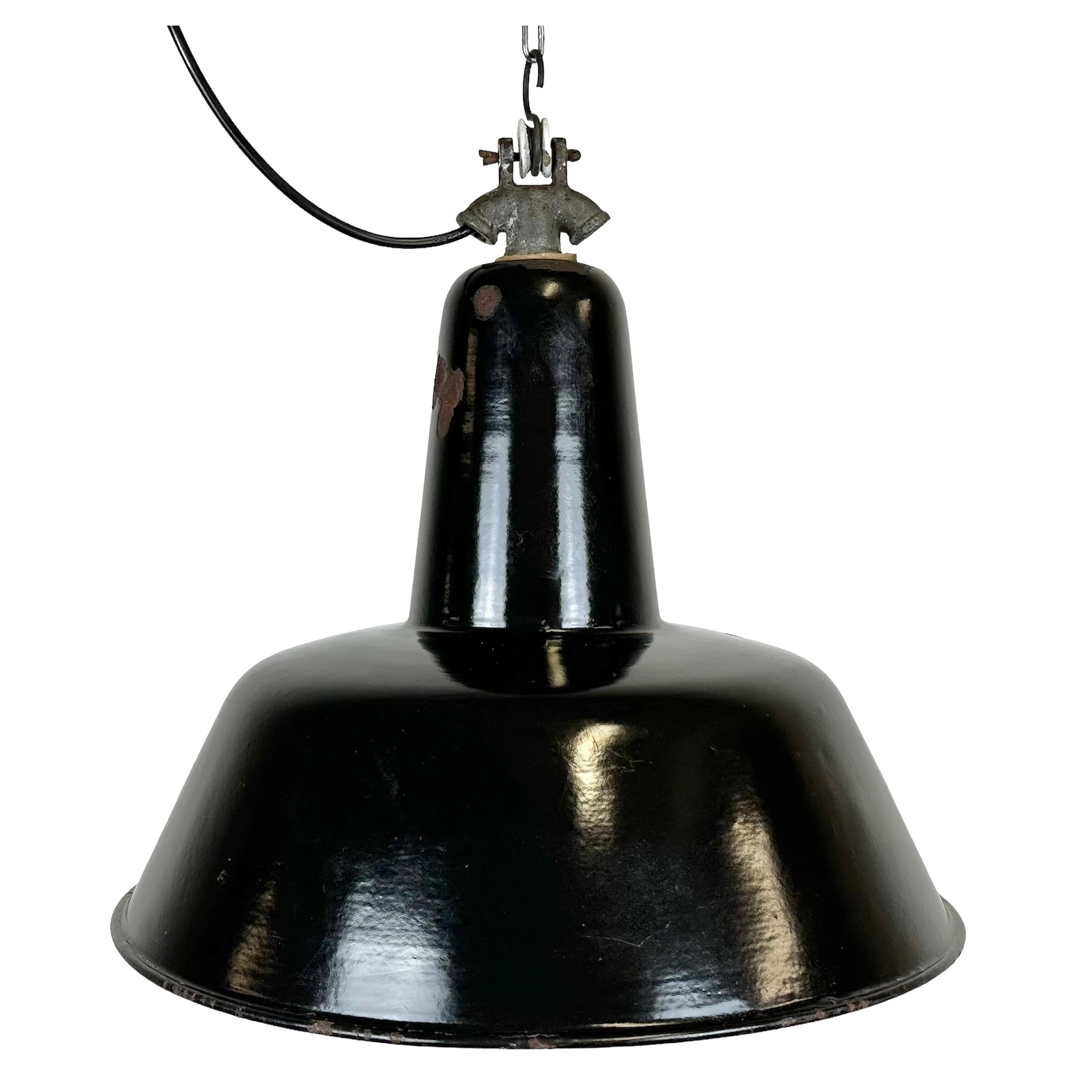 Industrial Black Enamel Factory Lamp with Cast Iron Top, 1950s For Sale