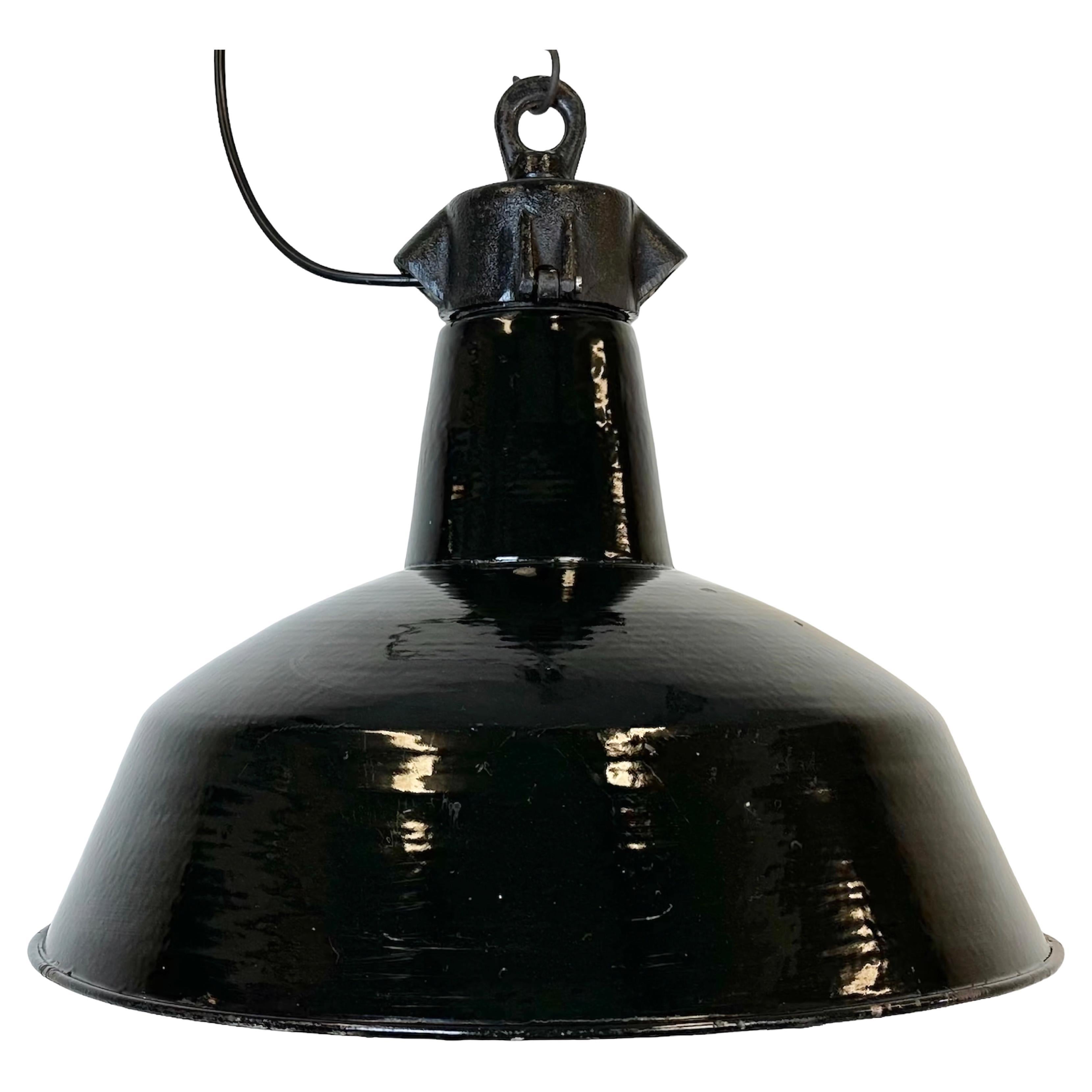 Industrial Black Enamel Factory Lamp with Cast Iron Top, 1950s For Sale