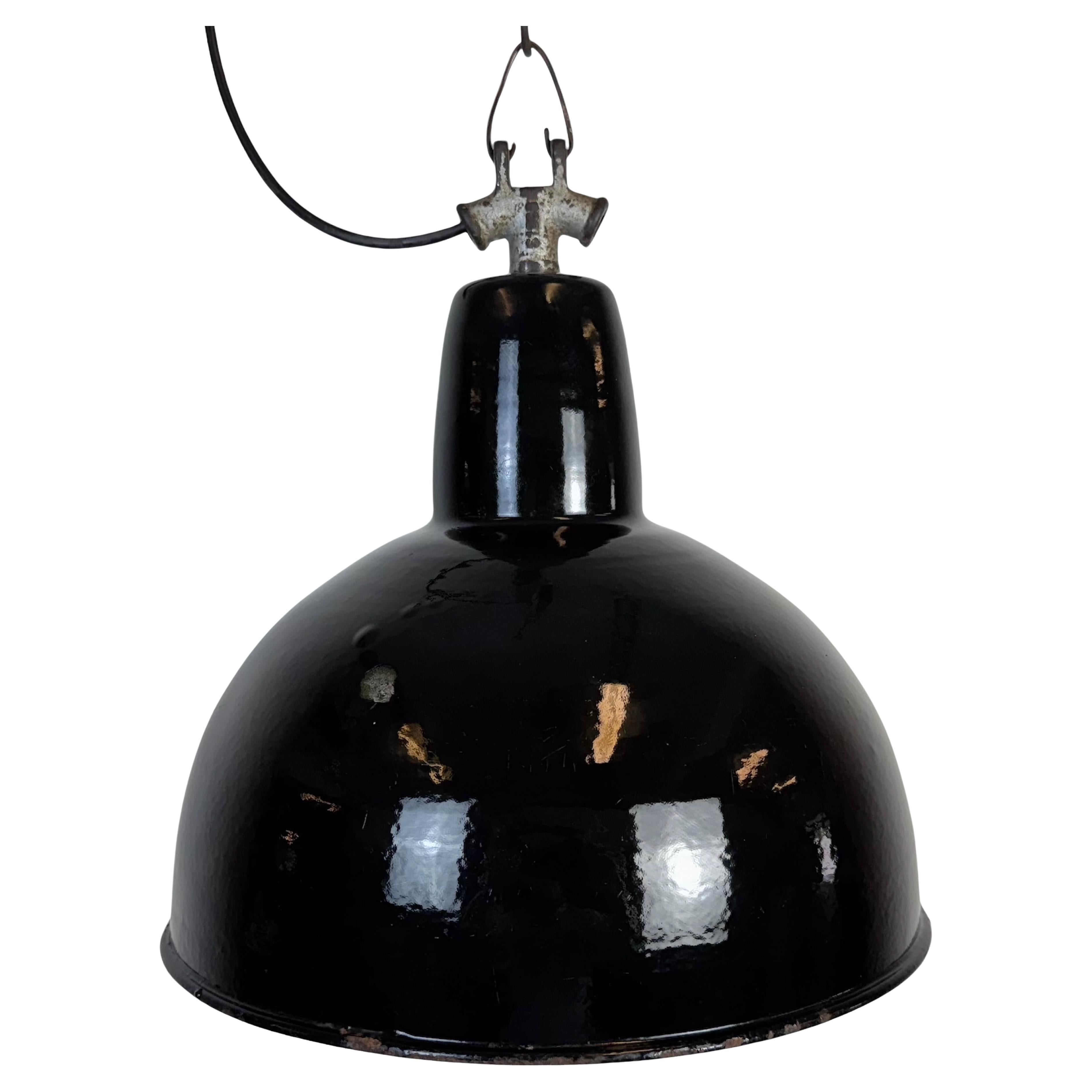 Industrial Black Enamel Factory Lamp with Cast Iron Top, 1950s