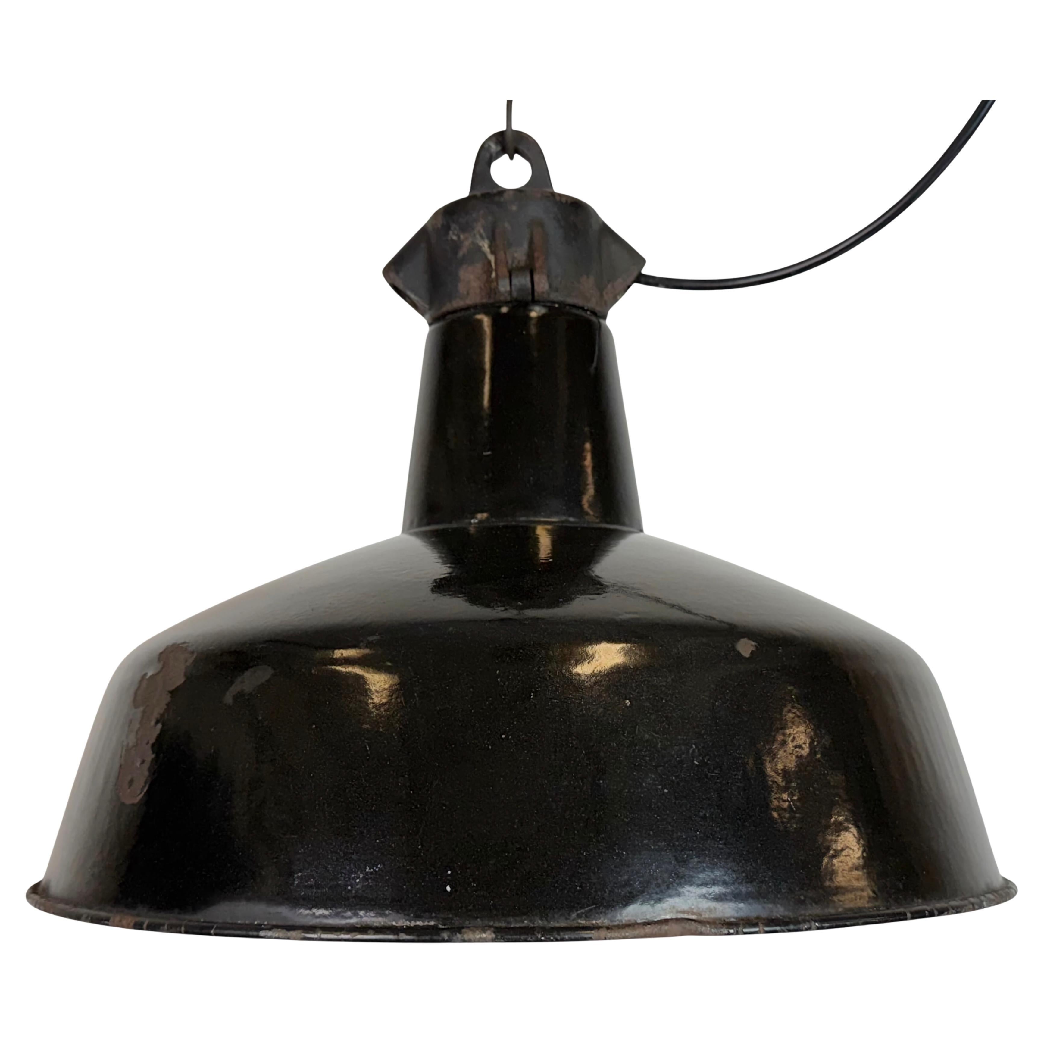 Industrial Black Enamel Factory Lamp with Cast Iron Top, 1950s For Sale