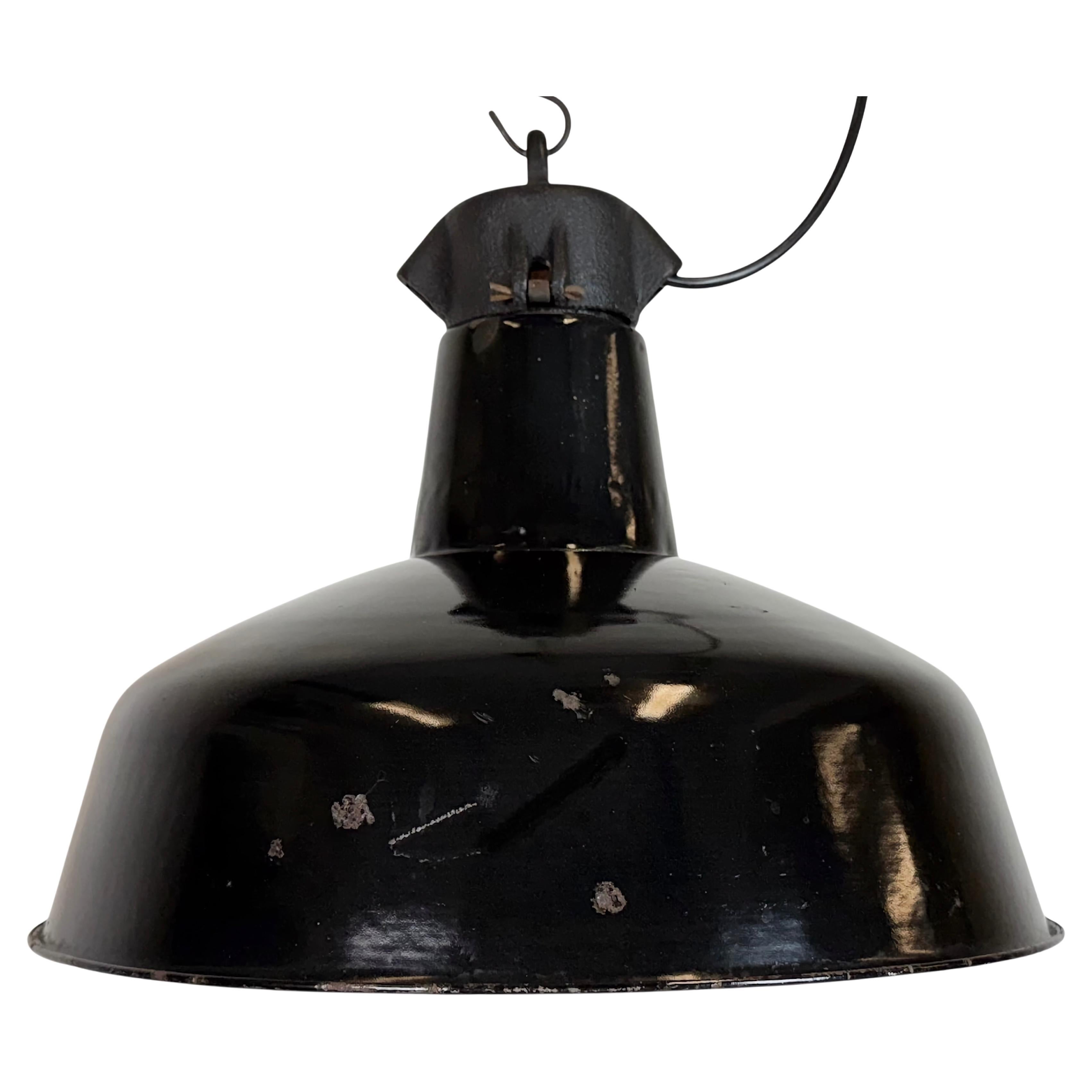 Industrial Black Enamel Factory Lamp with Cast Iron Top, 1950s
