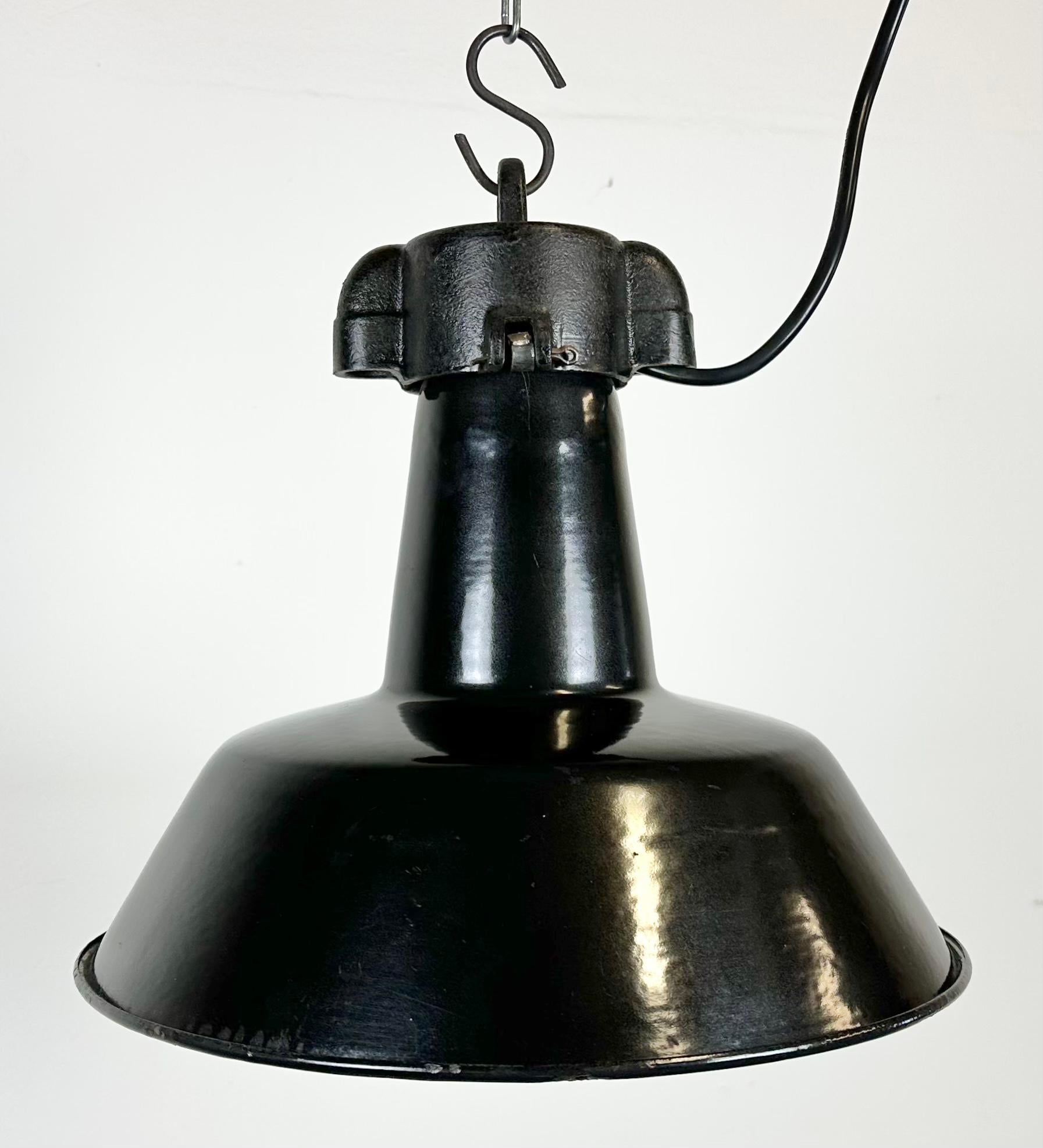 Czech Industrial Black Enamel Factory Lamp with Cast Iron Top, 1960s For Sale