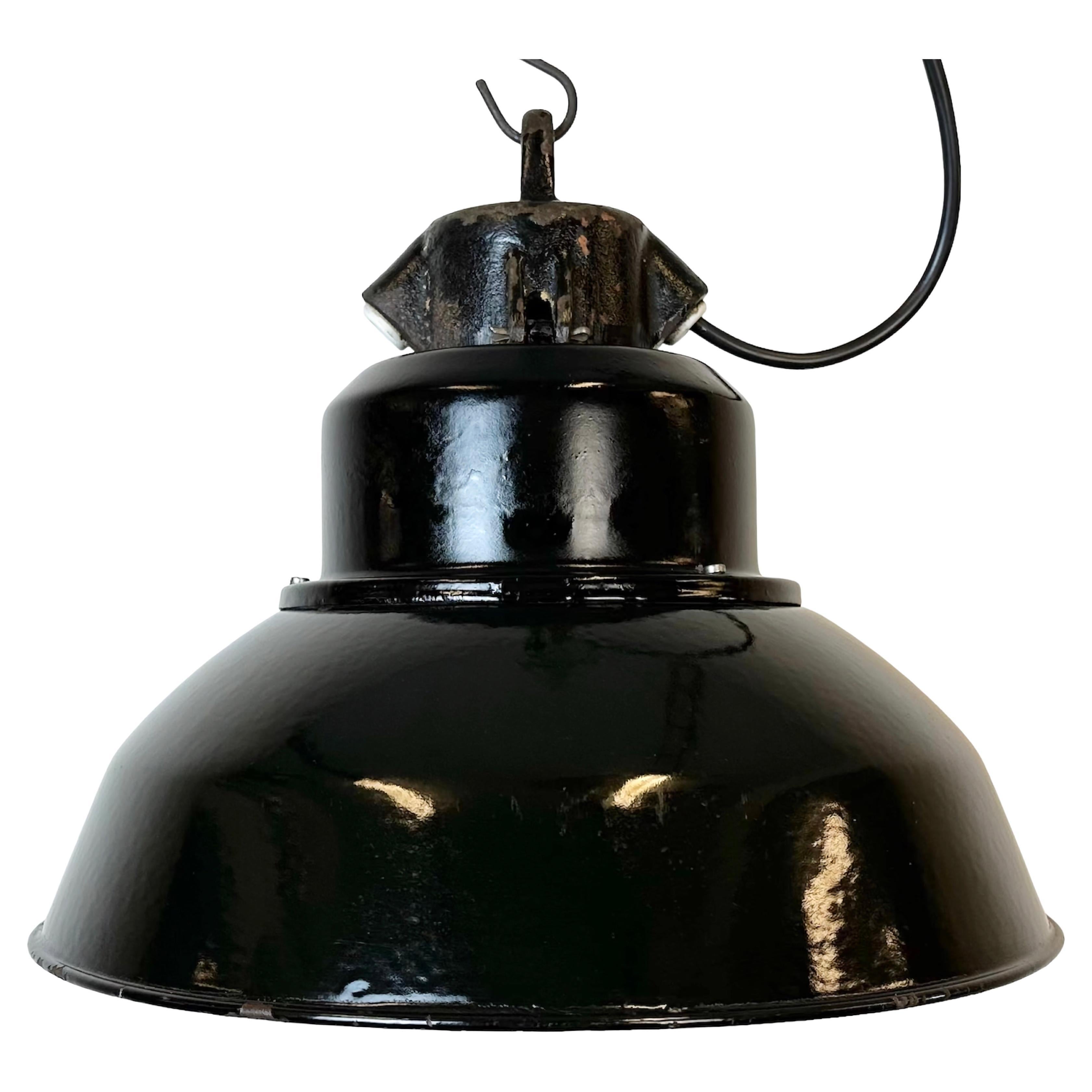 Industrial Black Enamel Factory Lamp with Cast Iron Top, 1960s For Sale