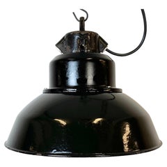 Retro Industrial Black Enamel Factory Lamp with Cast Iron Top, 1960s