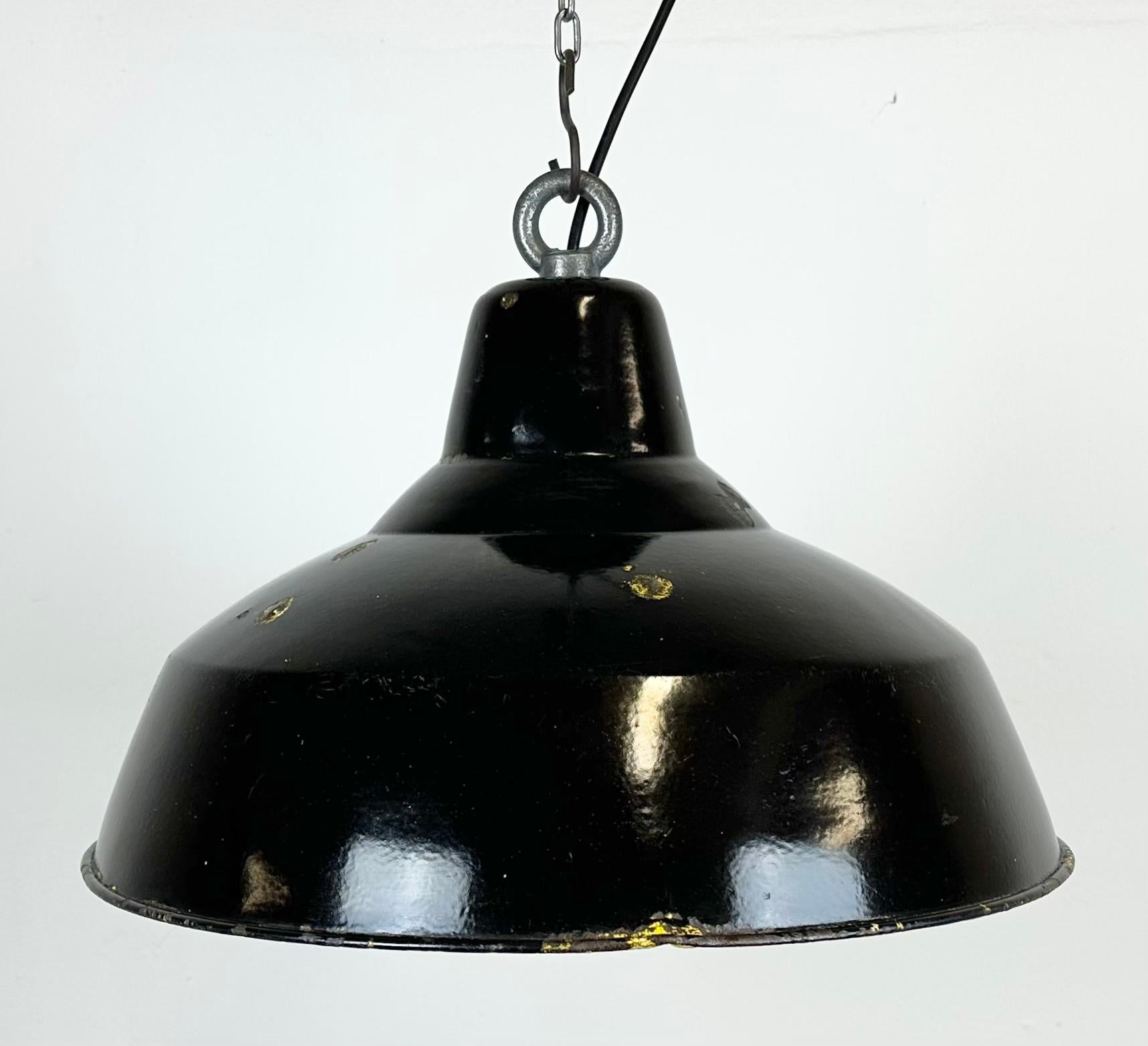 Czech Industrial Black Enamel Factory Lamp with Iron Top, 1960s For Sale