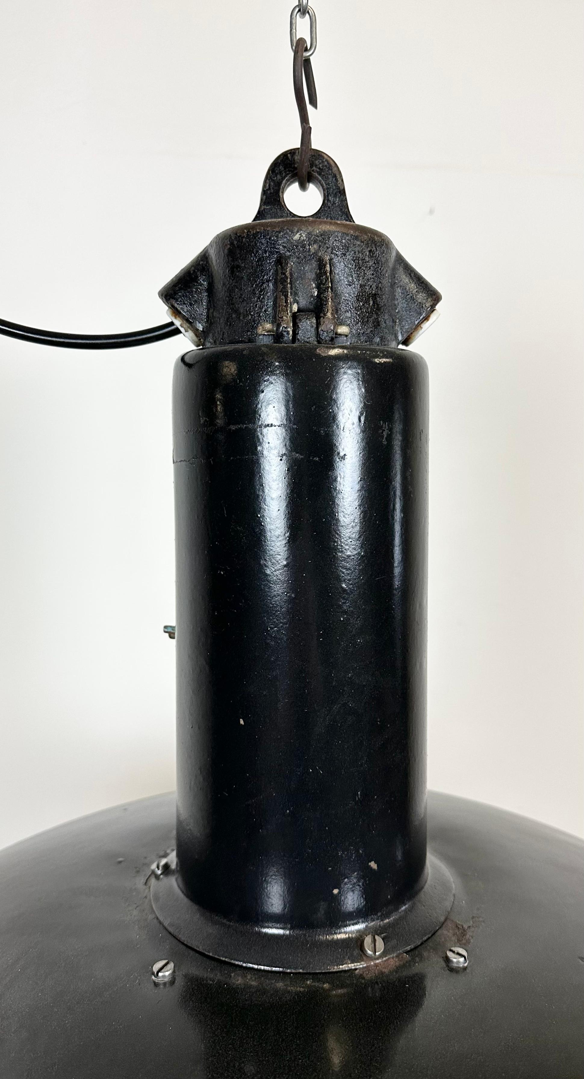 Czech Industrial Black Enamel Factory Pendant Lamp with Iron Top, 1950s For Sale