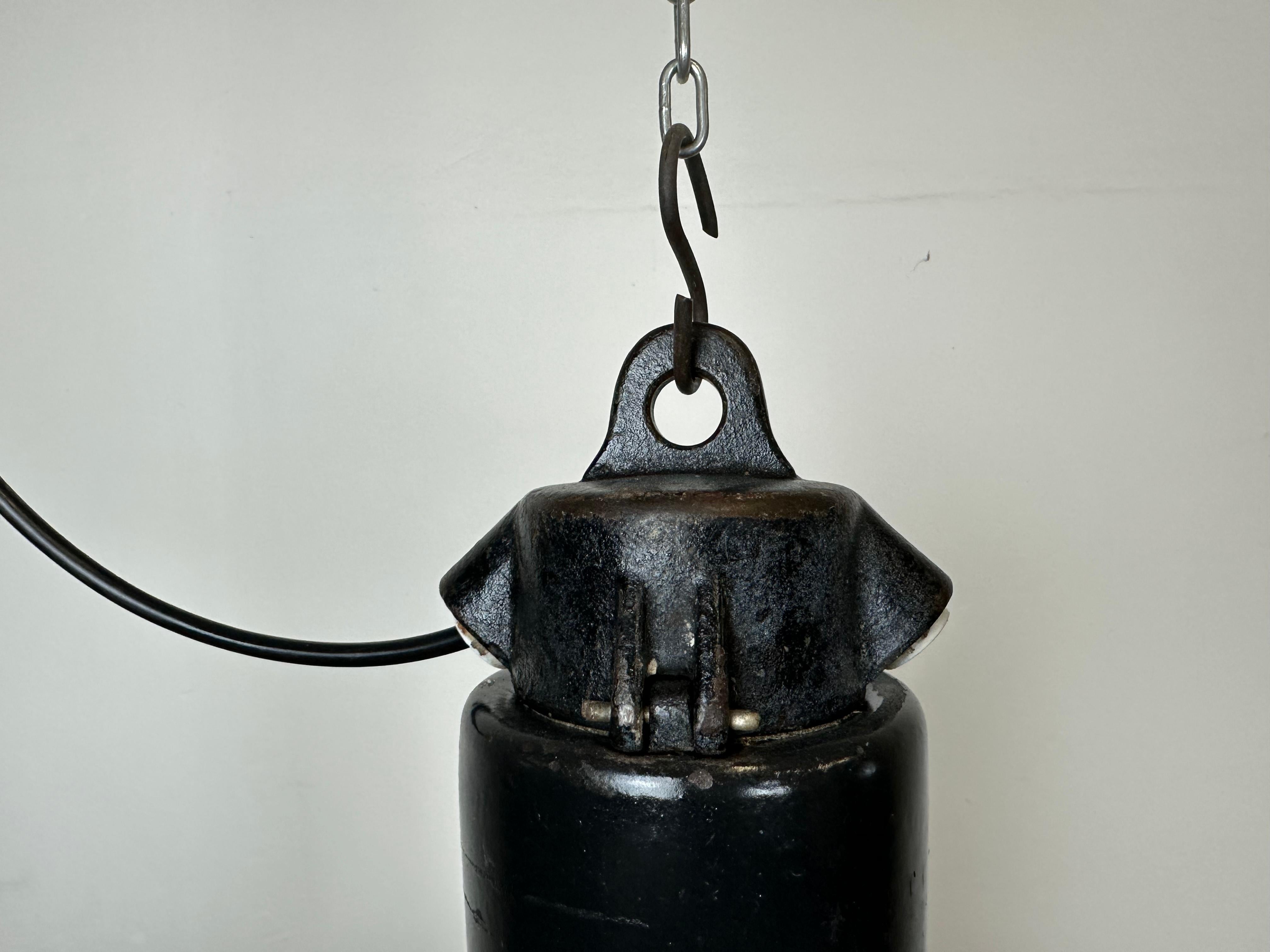 20th Century Industrial Black Enamel Factory Pendant Lamp with Iron Top, 1950s For Sale
