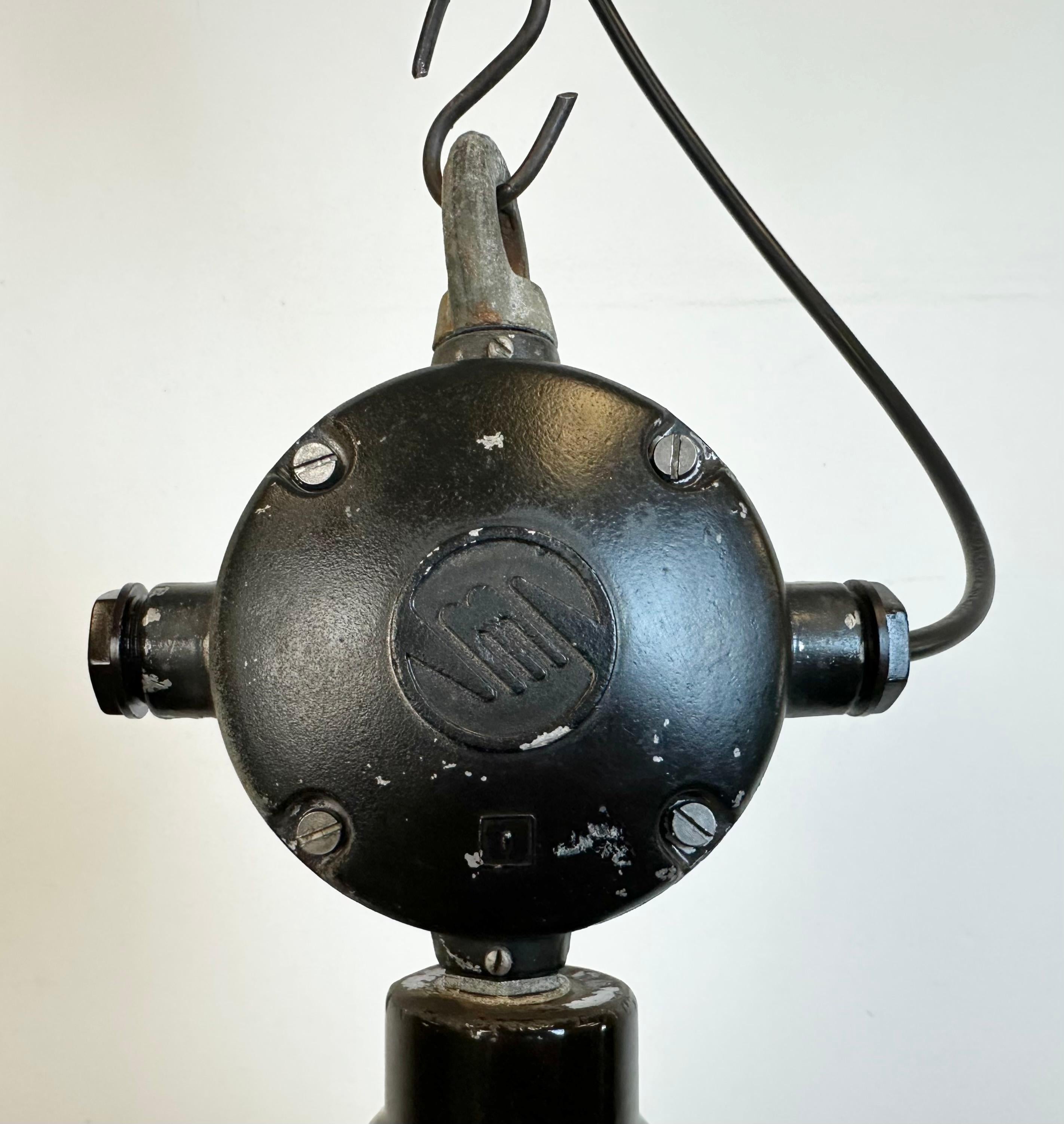 Industrial Black Enamel Factory Pendant Lamp with Protective Grid, 1950s In Good Condition For Sale In Kojetice, CZ