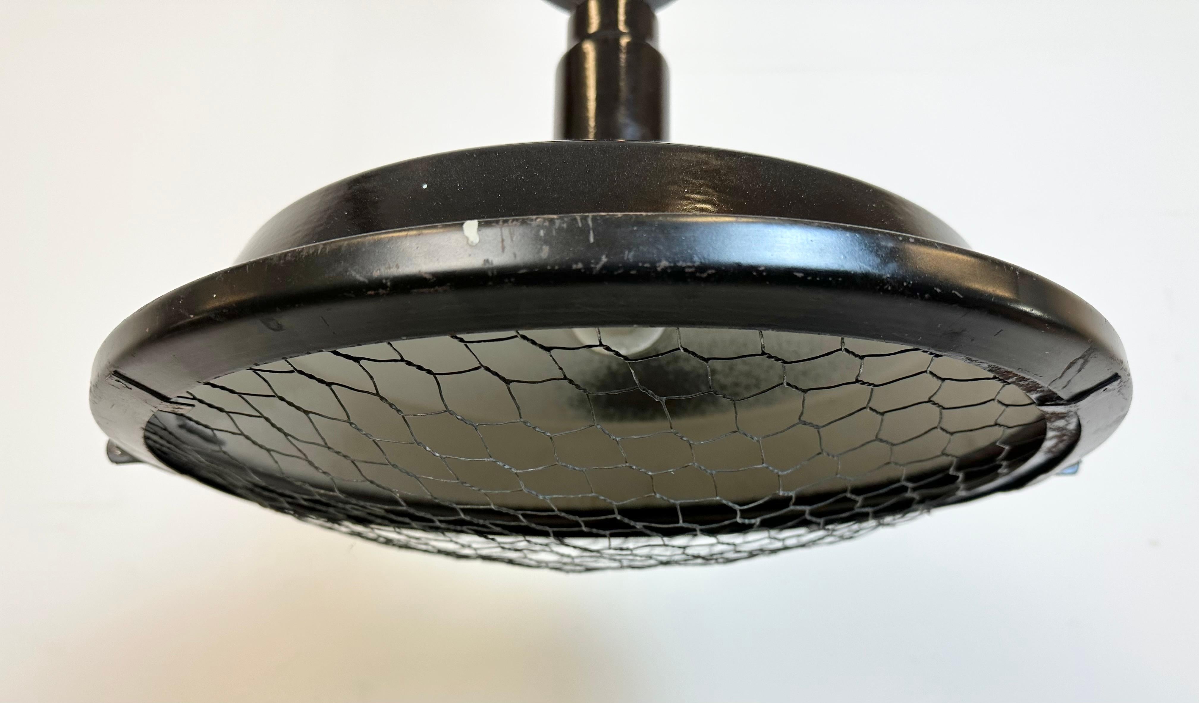 Aluminum Industrial Black Enamel Factory Pendant Lamp with Protective Grid, 1950s For Sale