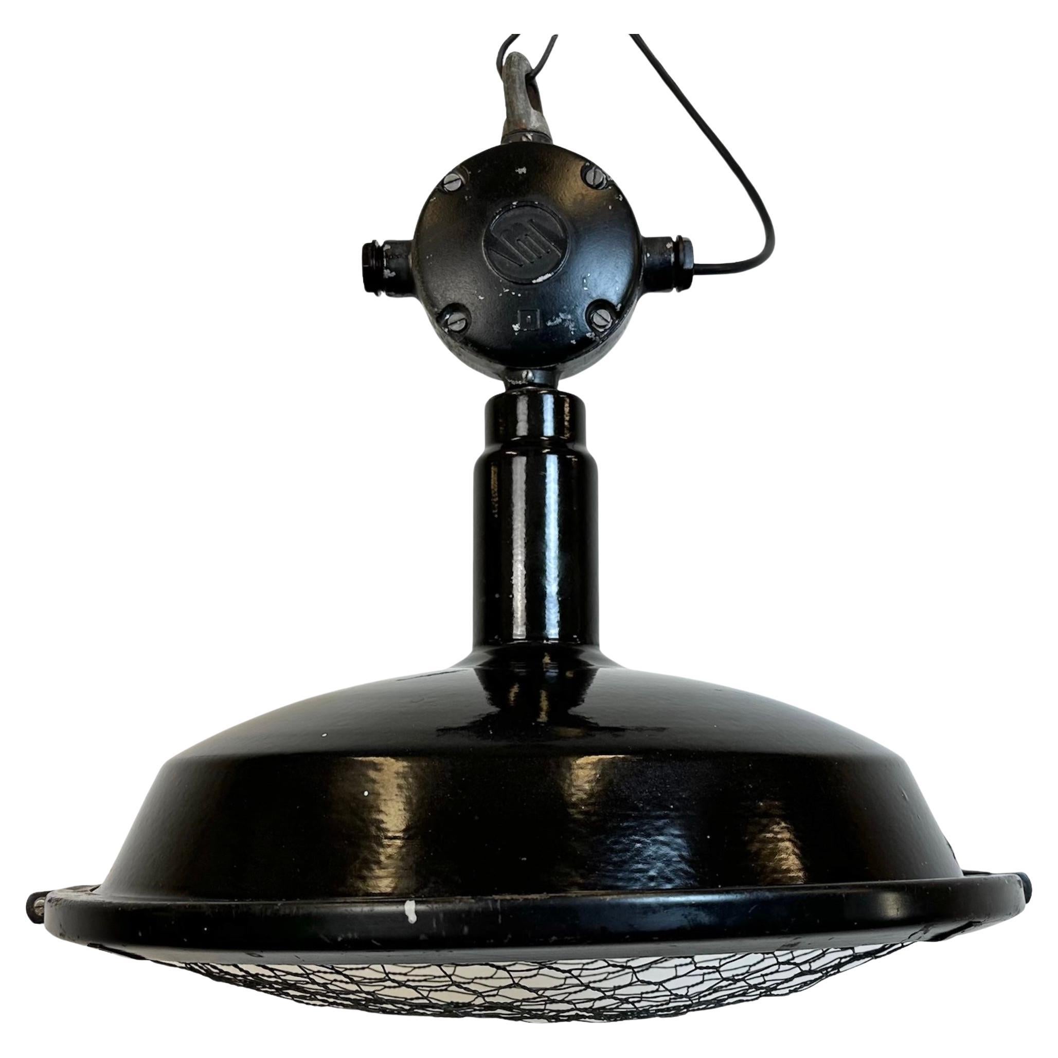 Industrial Black Enamel Factory Pendant Lamp with Protective Grid, 1950s For Sale