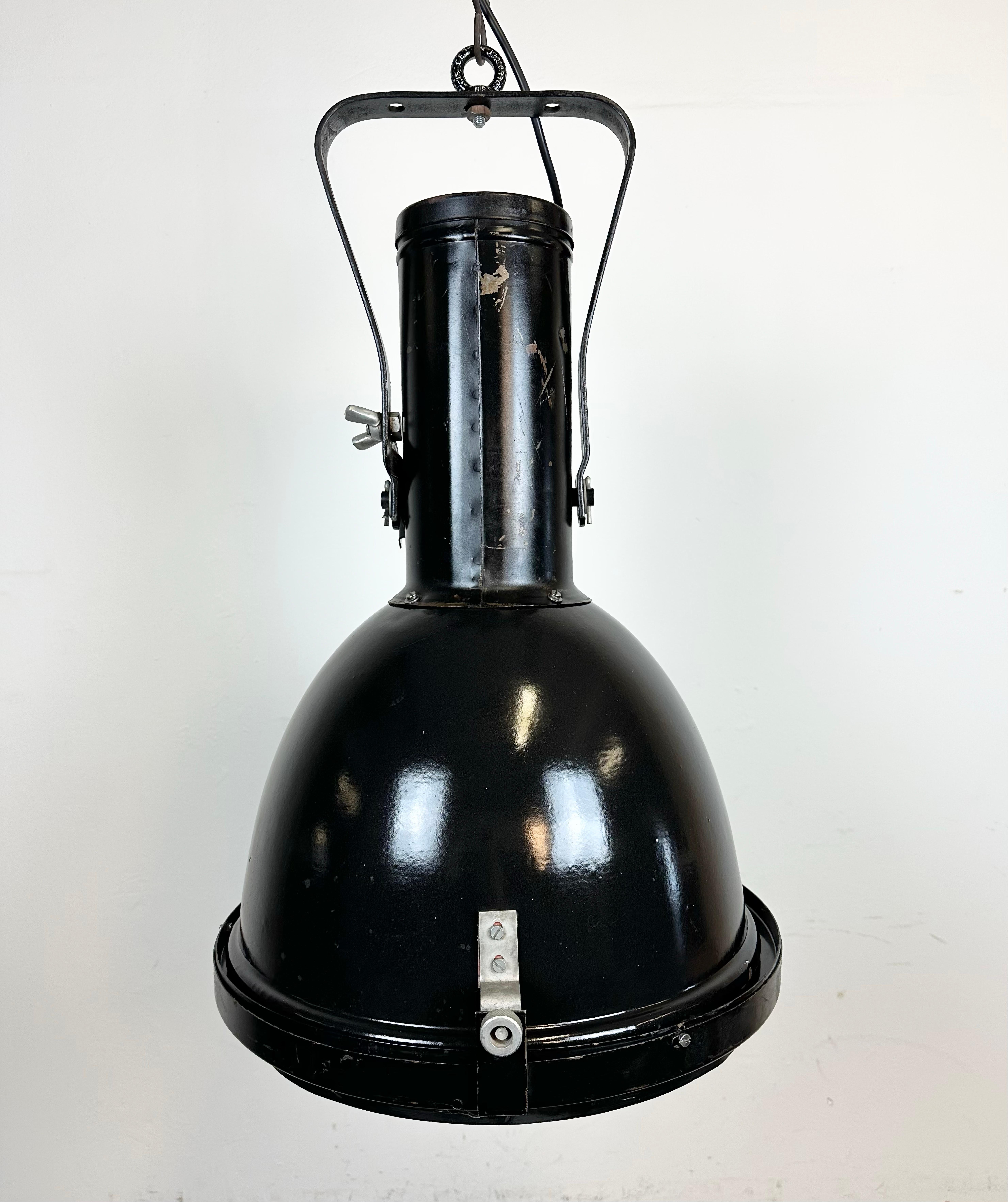 Czech Industrial Black Enamel Factory Spotlight with Convex Glass Cover, 1960s For Sale