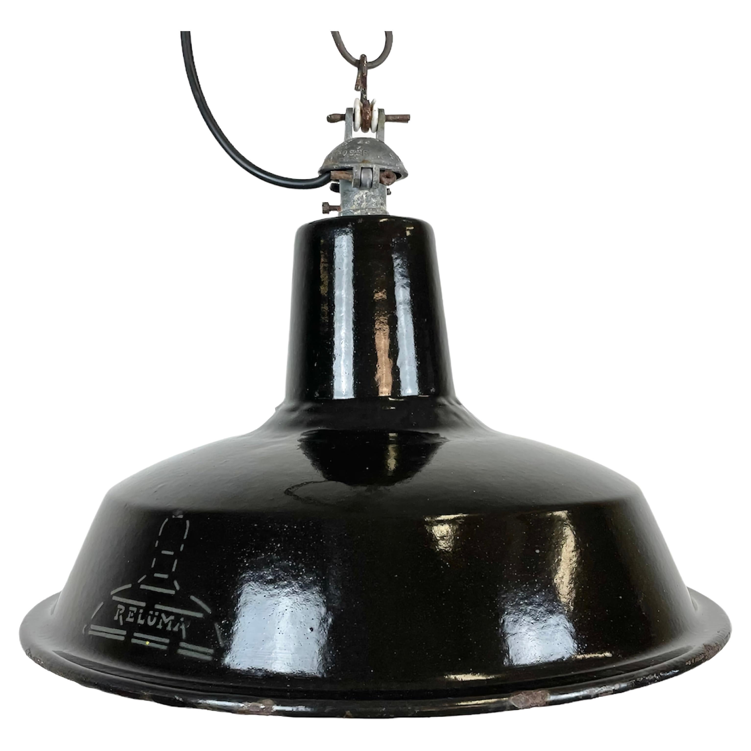 Industrial Black Enamel Hanging Lamp from Reluma, 1950s
