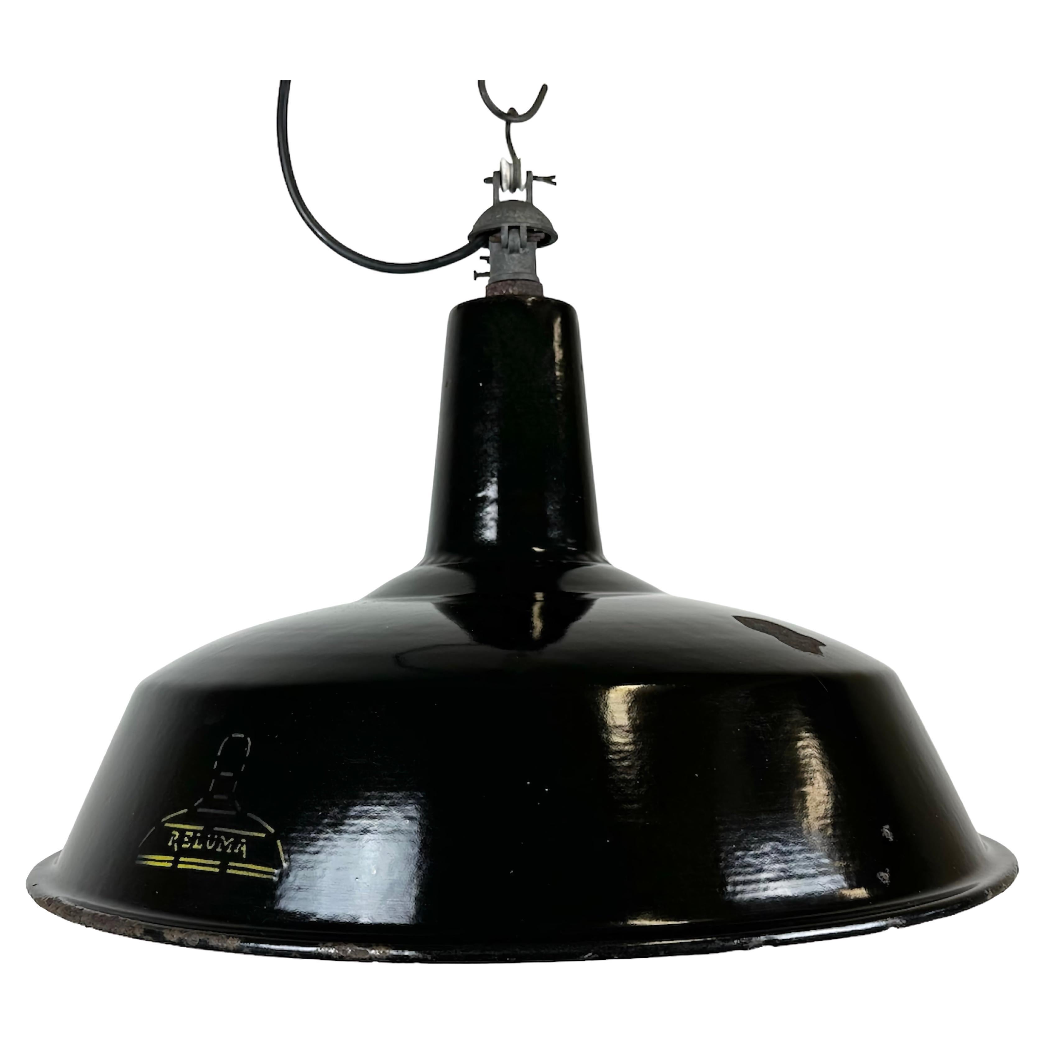 Industrial Black Enamel Hanging Lamp from Reluma, 1950s For Sale