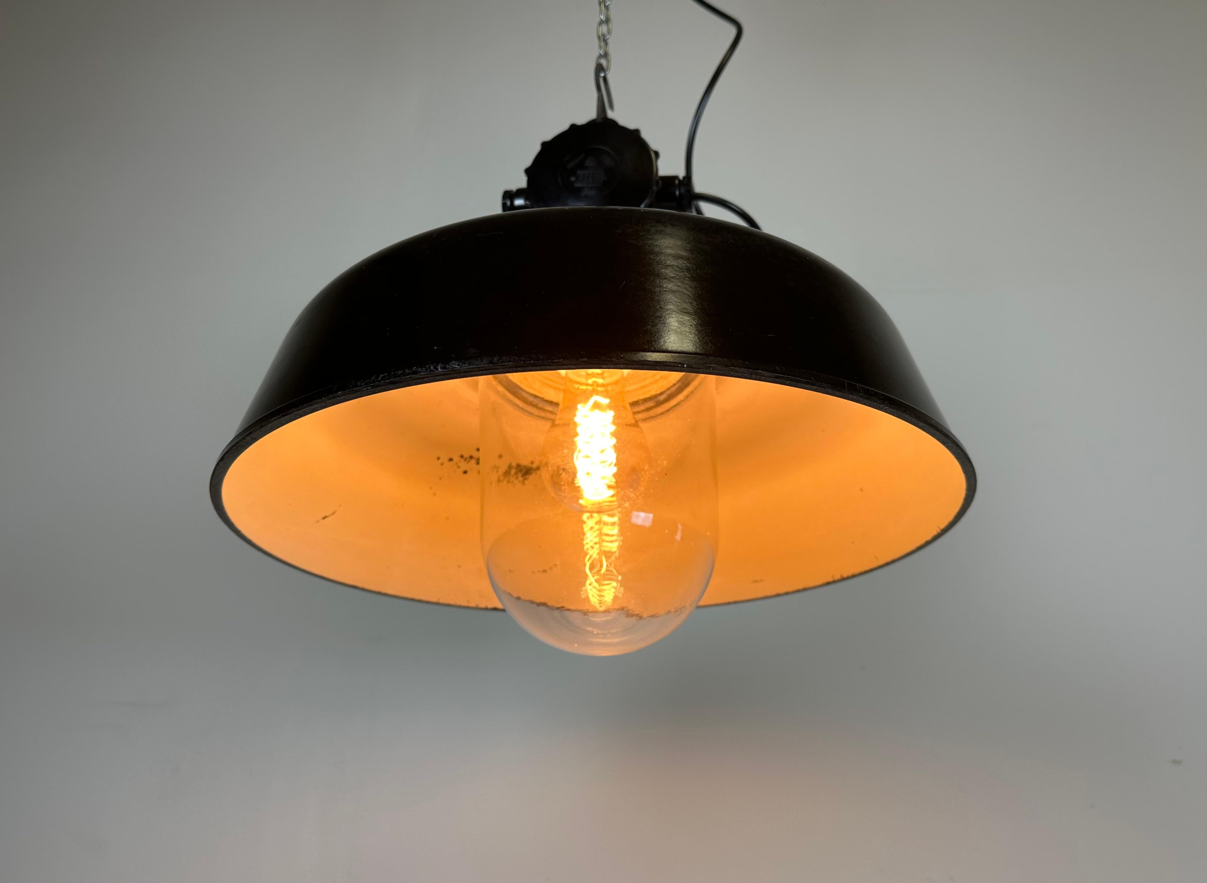Industrial Black Enamel Lamp with Glass Cover, 1950s For Sale 5