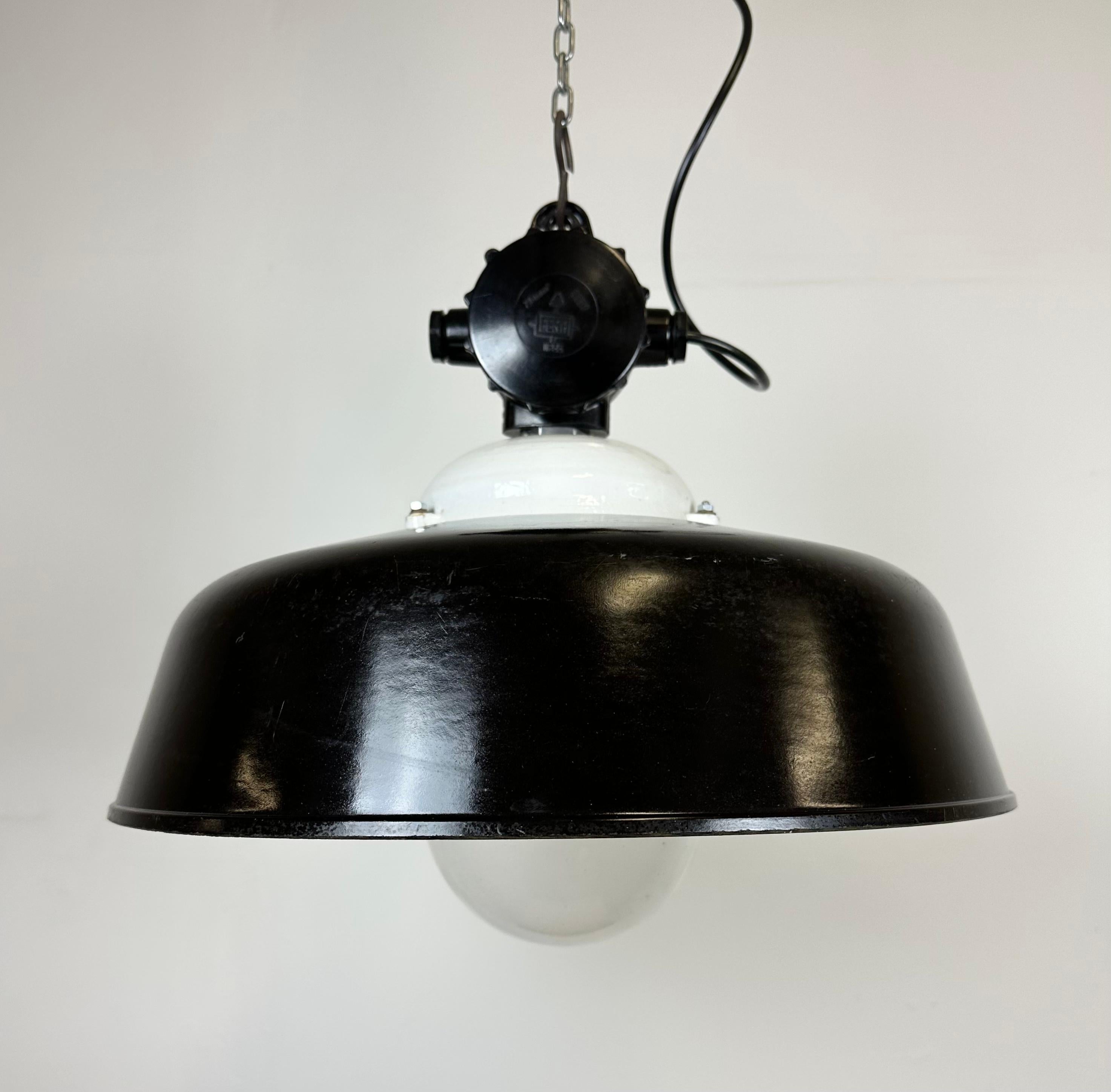 German Industrial Black Enamel Lamp with Glass Cover, 1950s For Sale