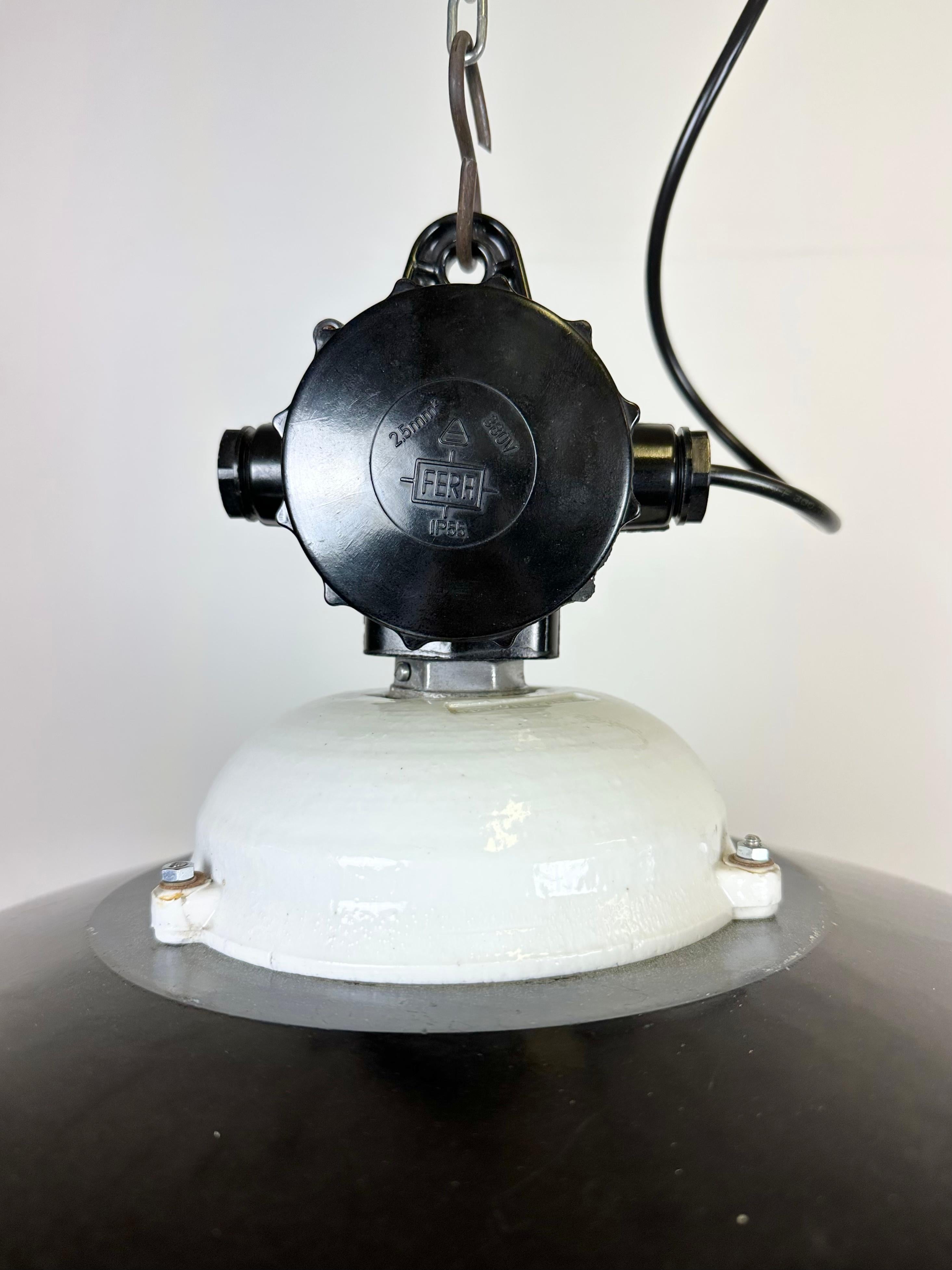 Industrial Black Enamel Lamp with Glass Cover, 1950s In Good Condition For Sale In Kojetice, CZ