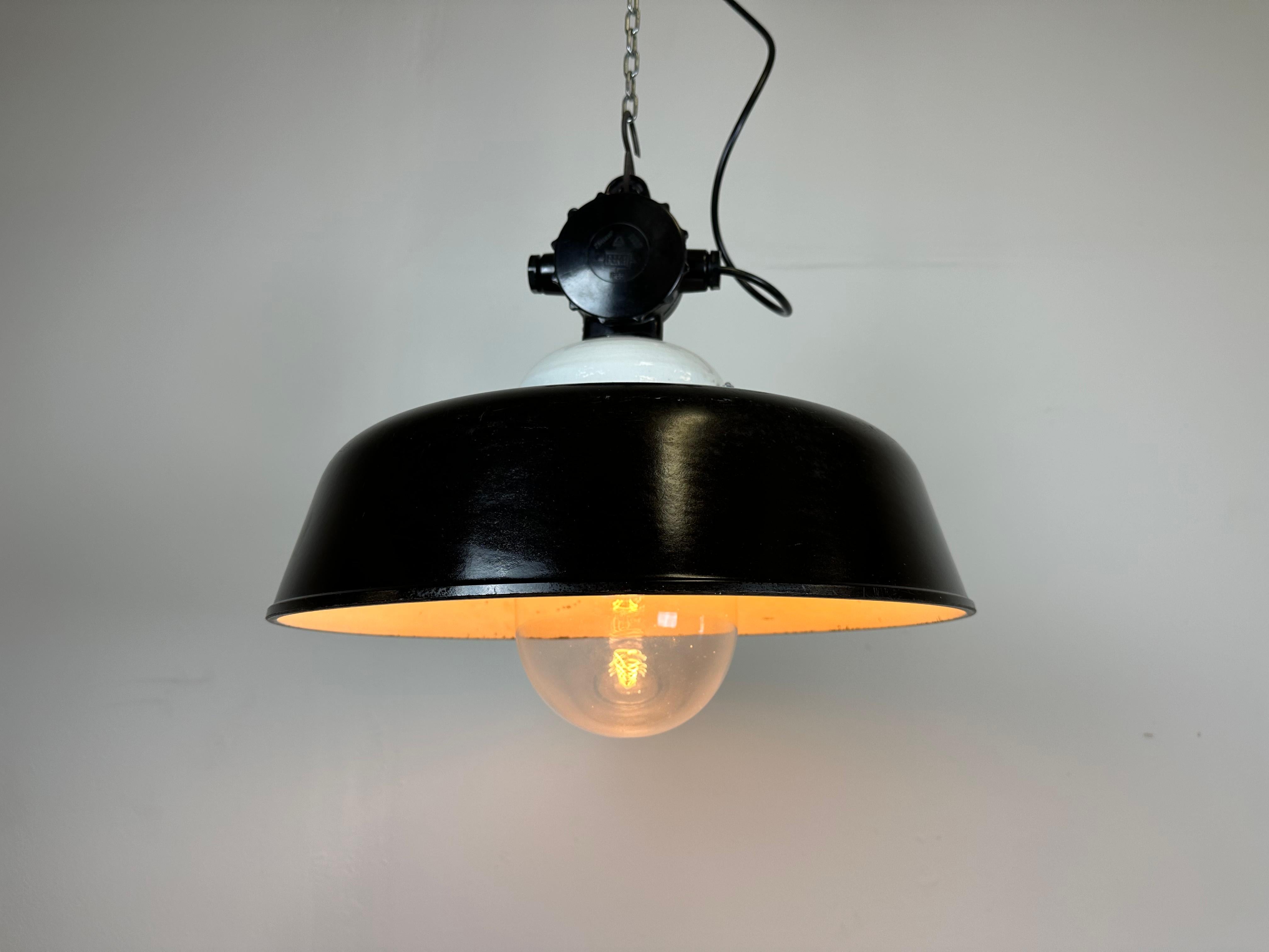 Industrial Black Enamel Lamp with Glass Cover, 1950s For Sale 4