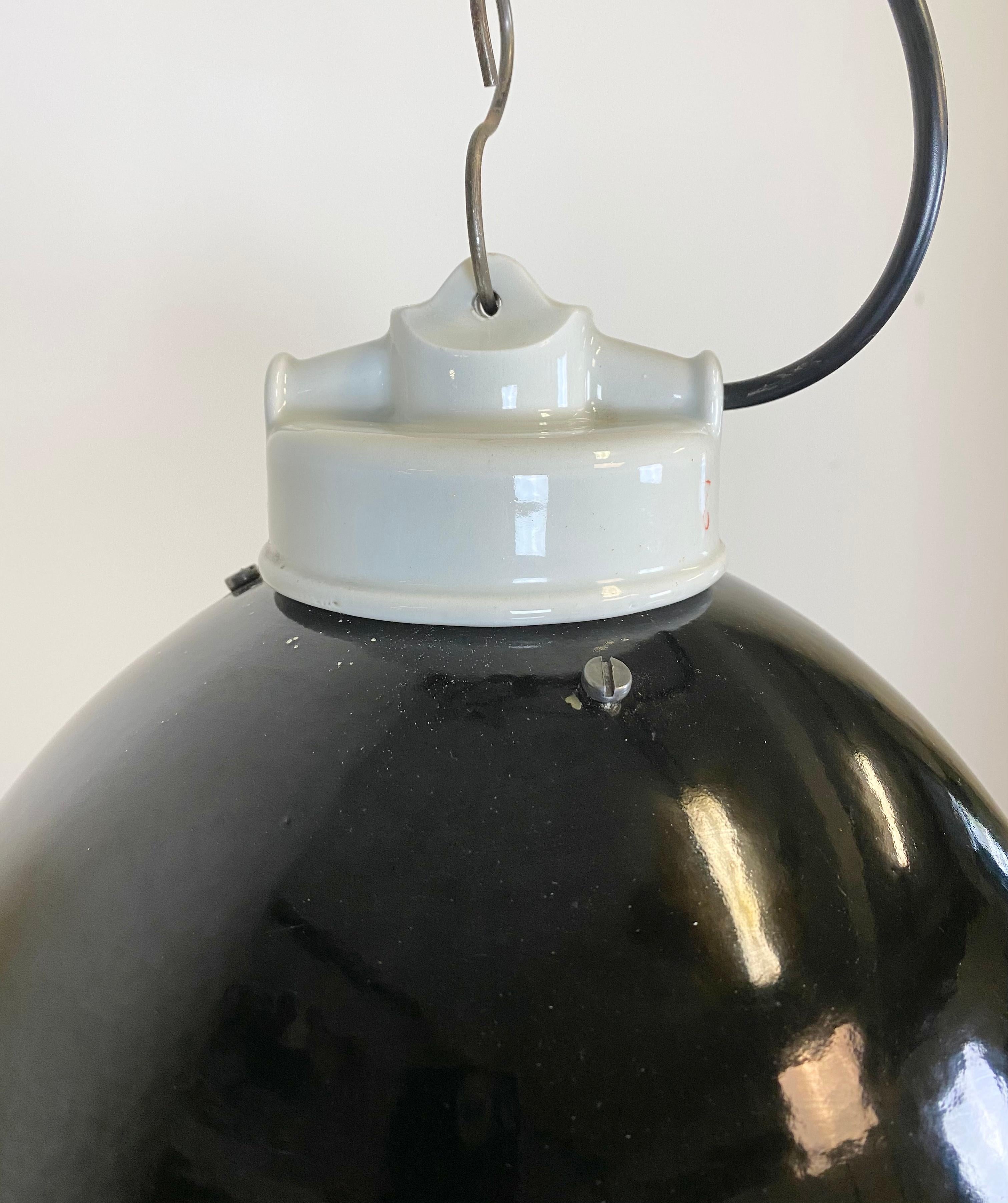 European Industrial Black Enamel Lamp with Porcelain Top, 1950s For Sale