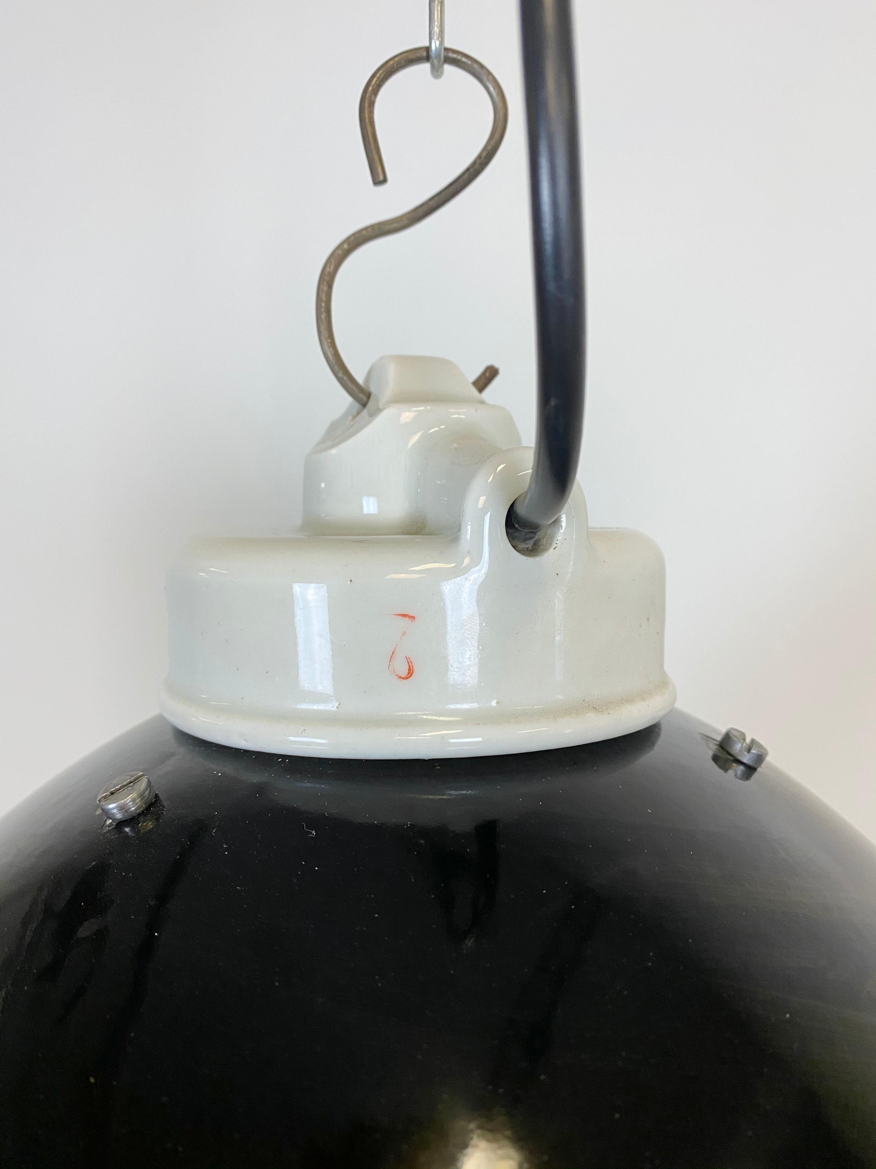 Enameled Industrial Black Enamel Lamp with Porcelain Top, 1950s For Sale