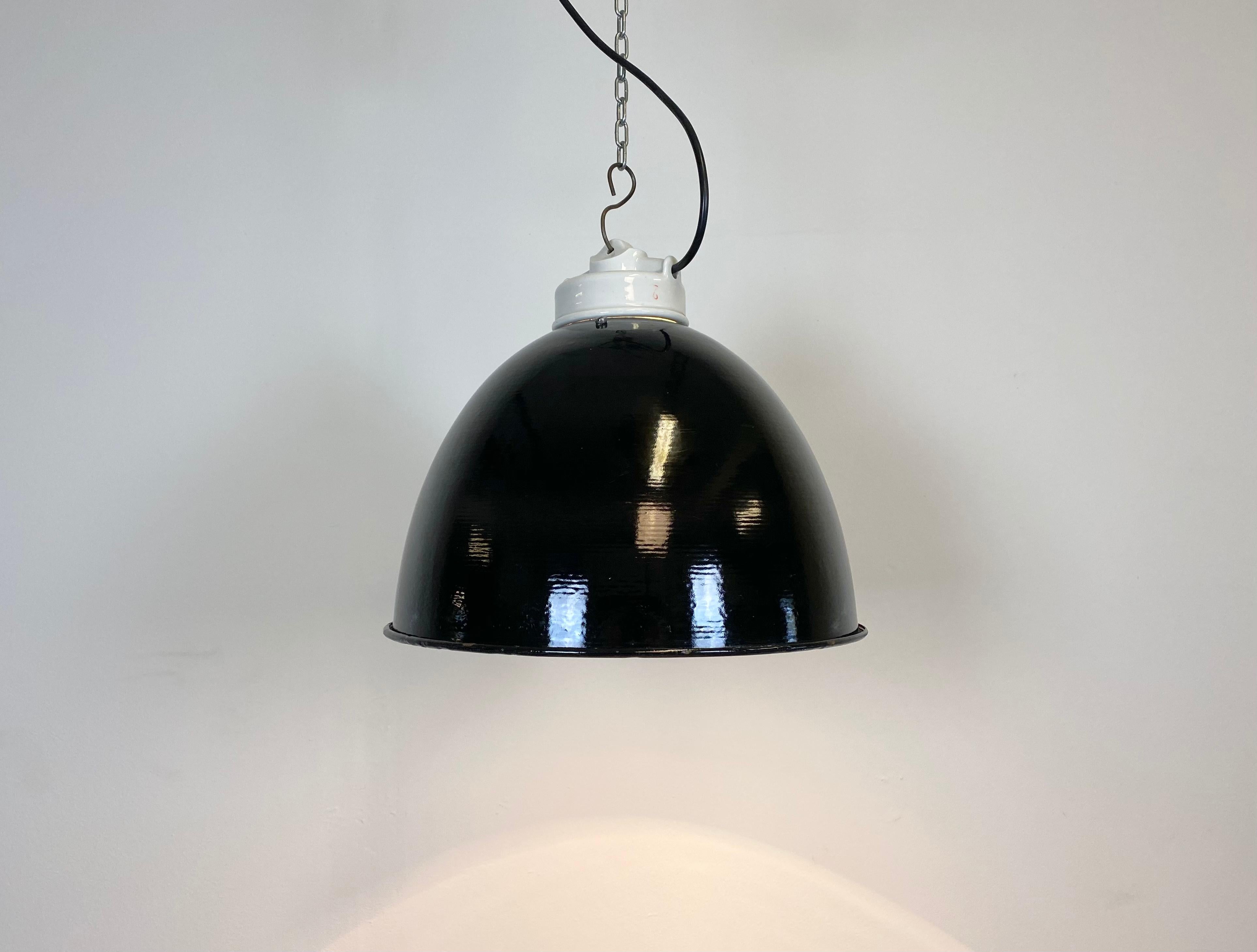 Glass Industrial Black Enamel Lamp with Porcelain Top, 1950s For Sale