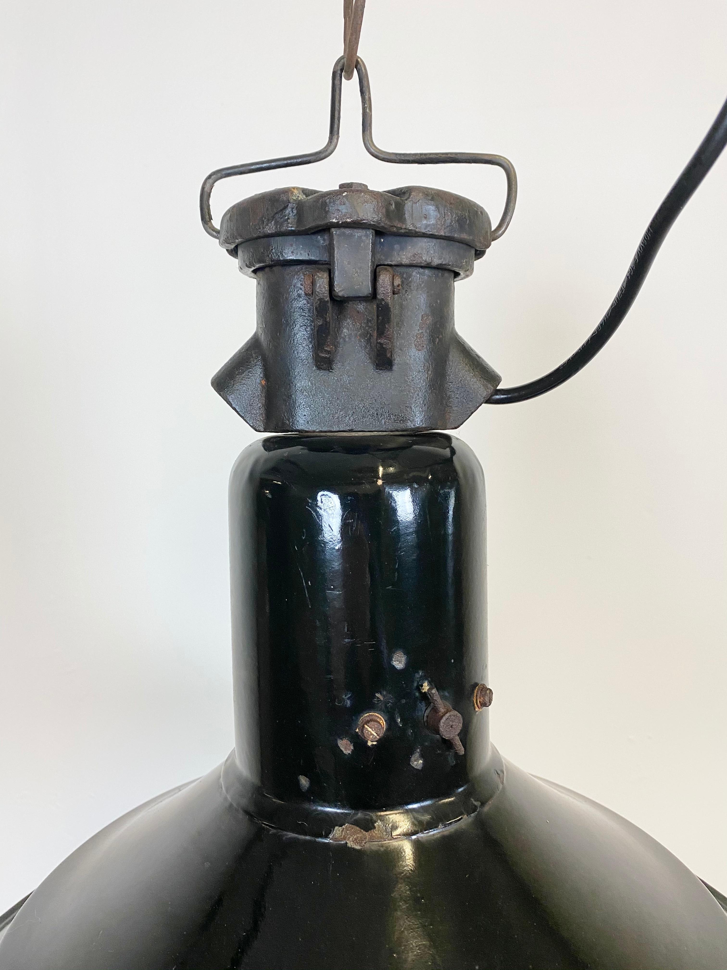 Czech Industrial Black Enamel Pendant Lamp, 1920s