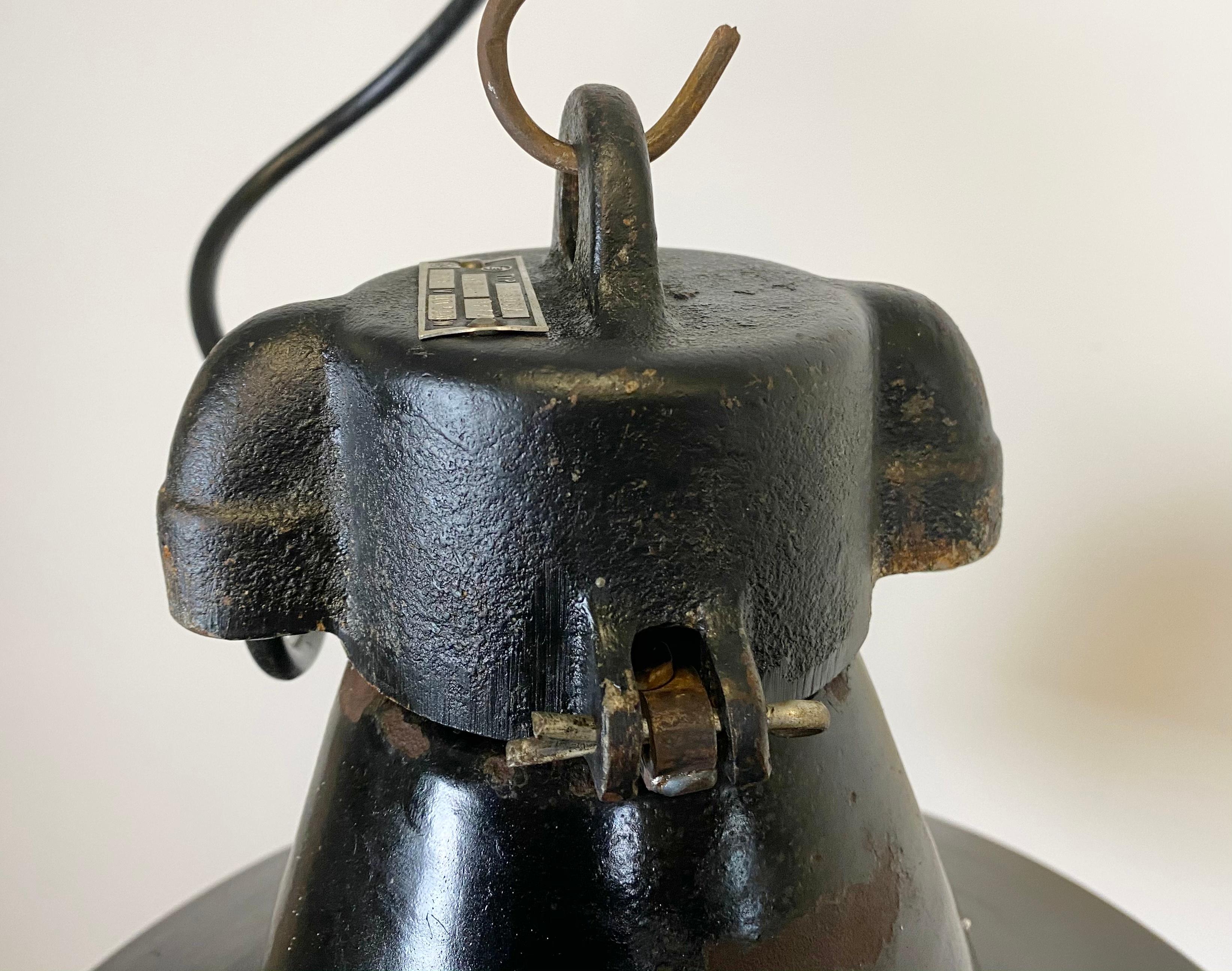 Czech Industrial Black Enamel Pendant Lamp with Cast Iron Top, 1970s For Sale