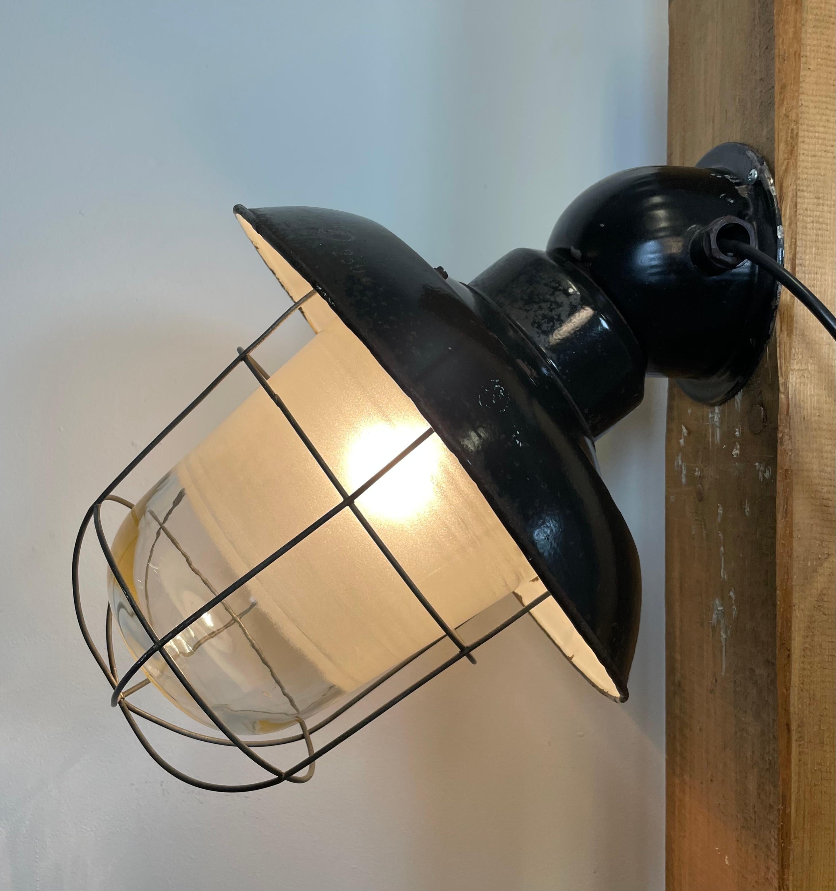 Industrial Black Enamel Wall Lamp with Iron Grid, 1960s 7
