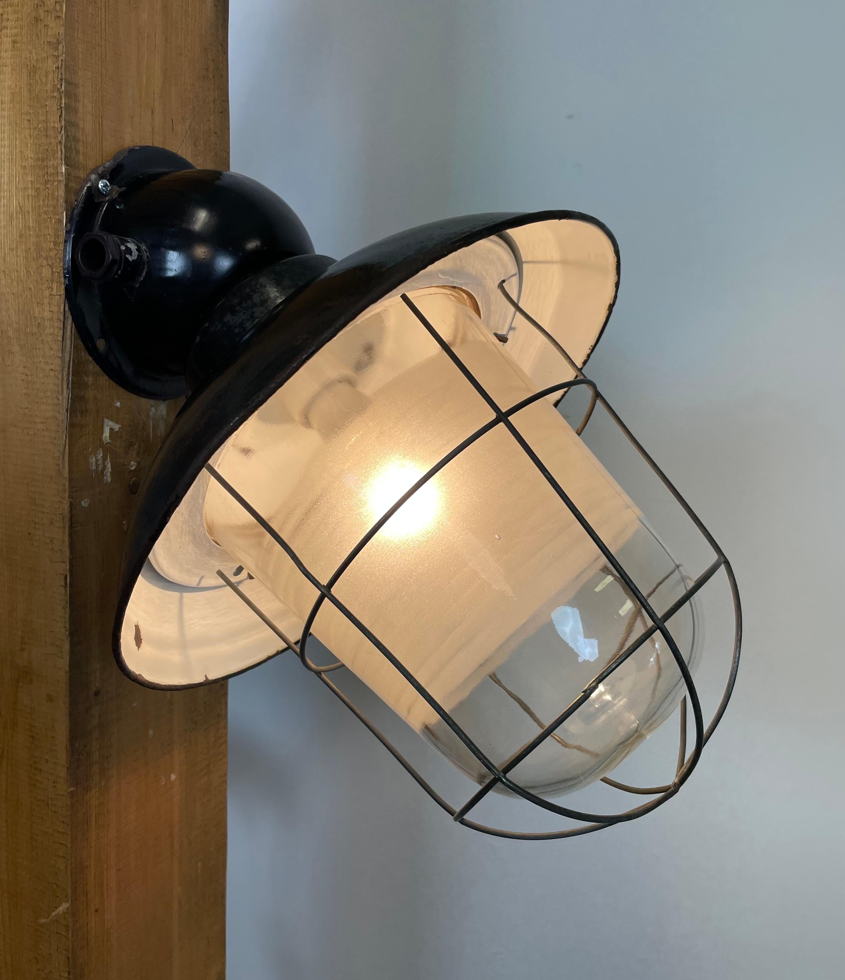 Industrial Black Enamel Wall Lamp with Iron Grid, 1960s 10