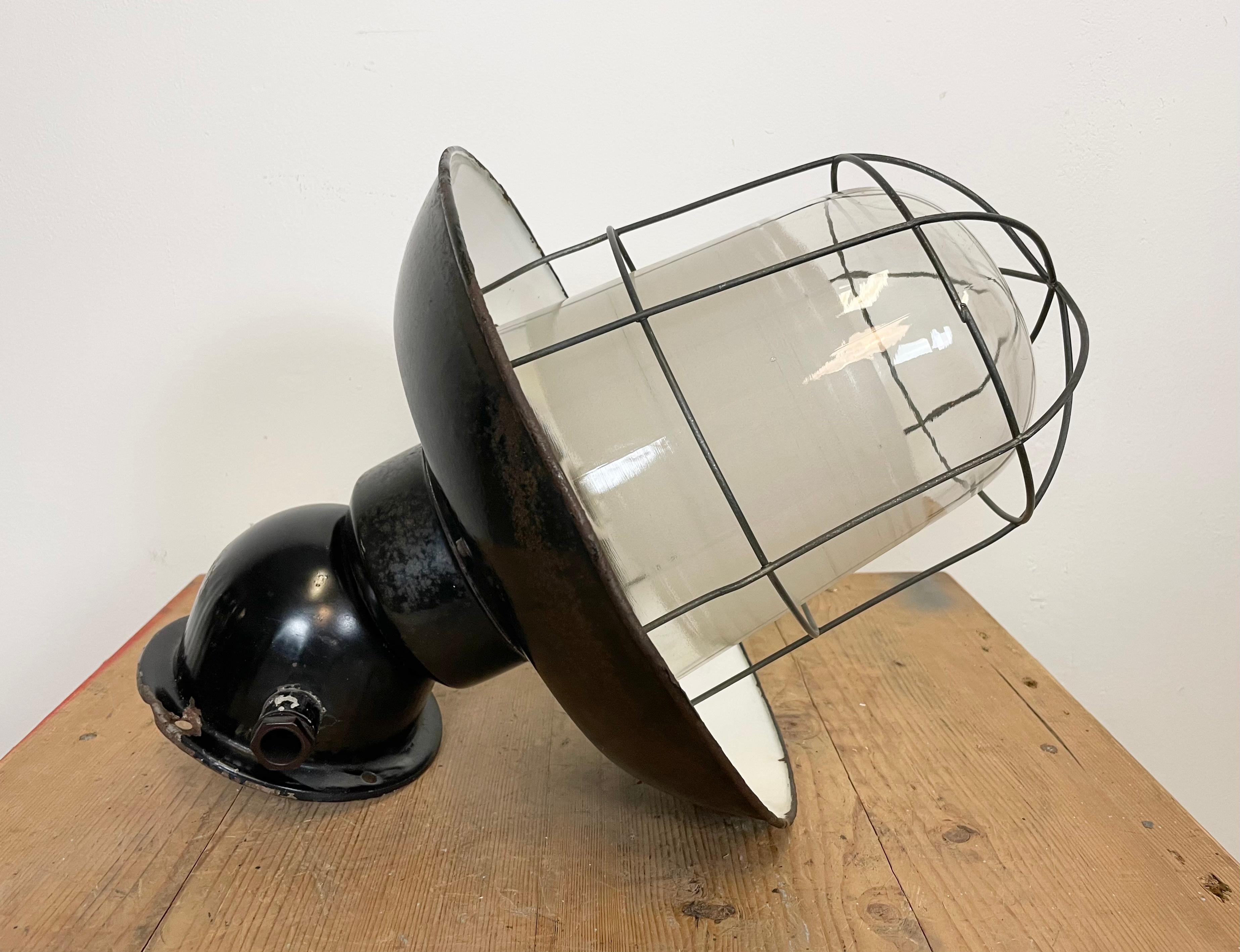 Industrial Black Enamel Wall Lamp with Iron Grid, 1960s 11