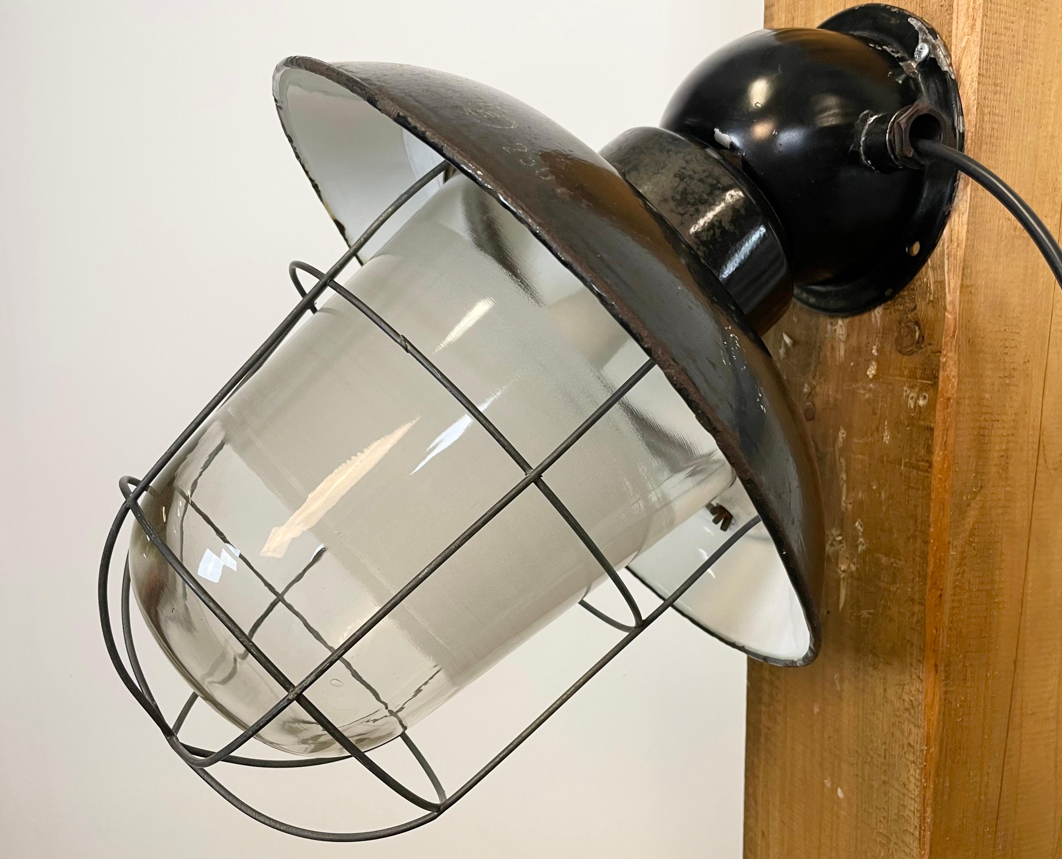 20th Century Industrial Black Enamel Wall Lamp with Iron Grid, 1960s