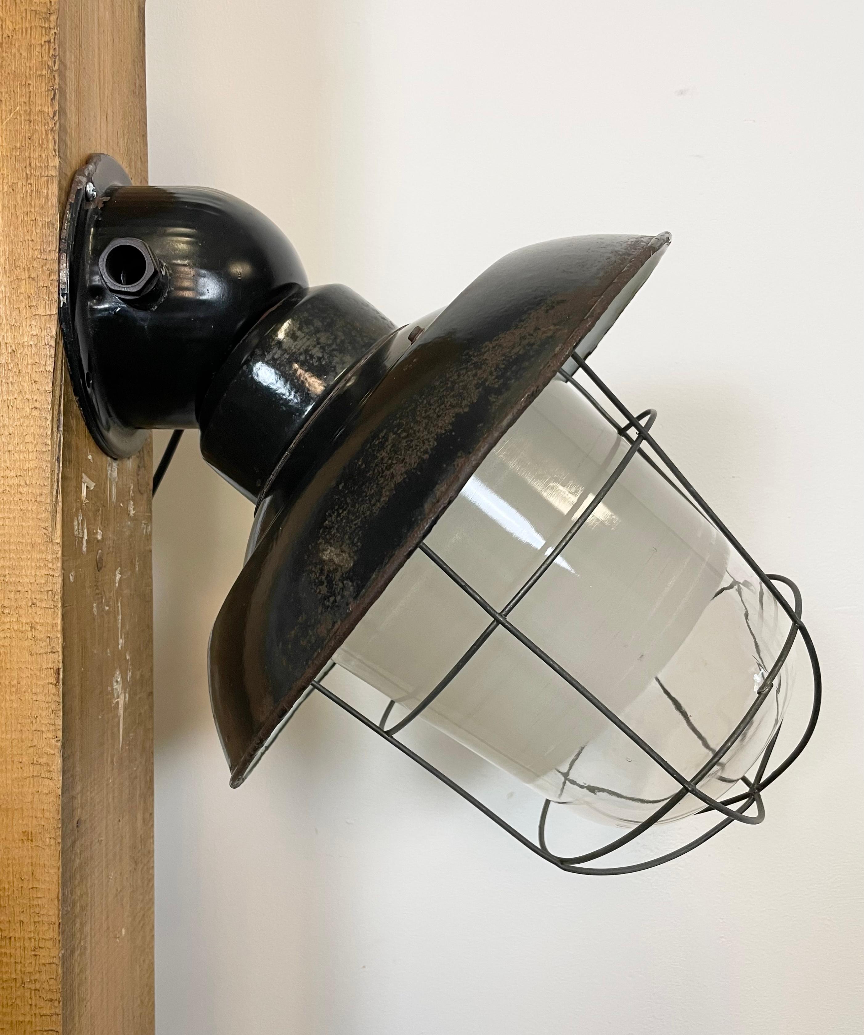 Industrial Black Enamel Wall Lamp with Iron Grid, 1960s 4