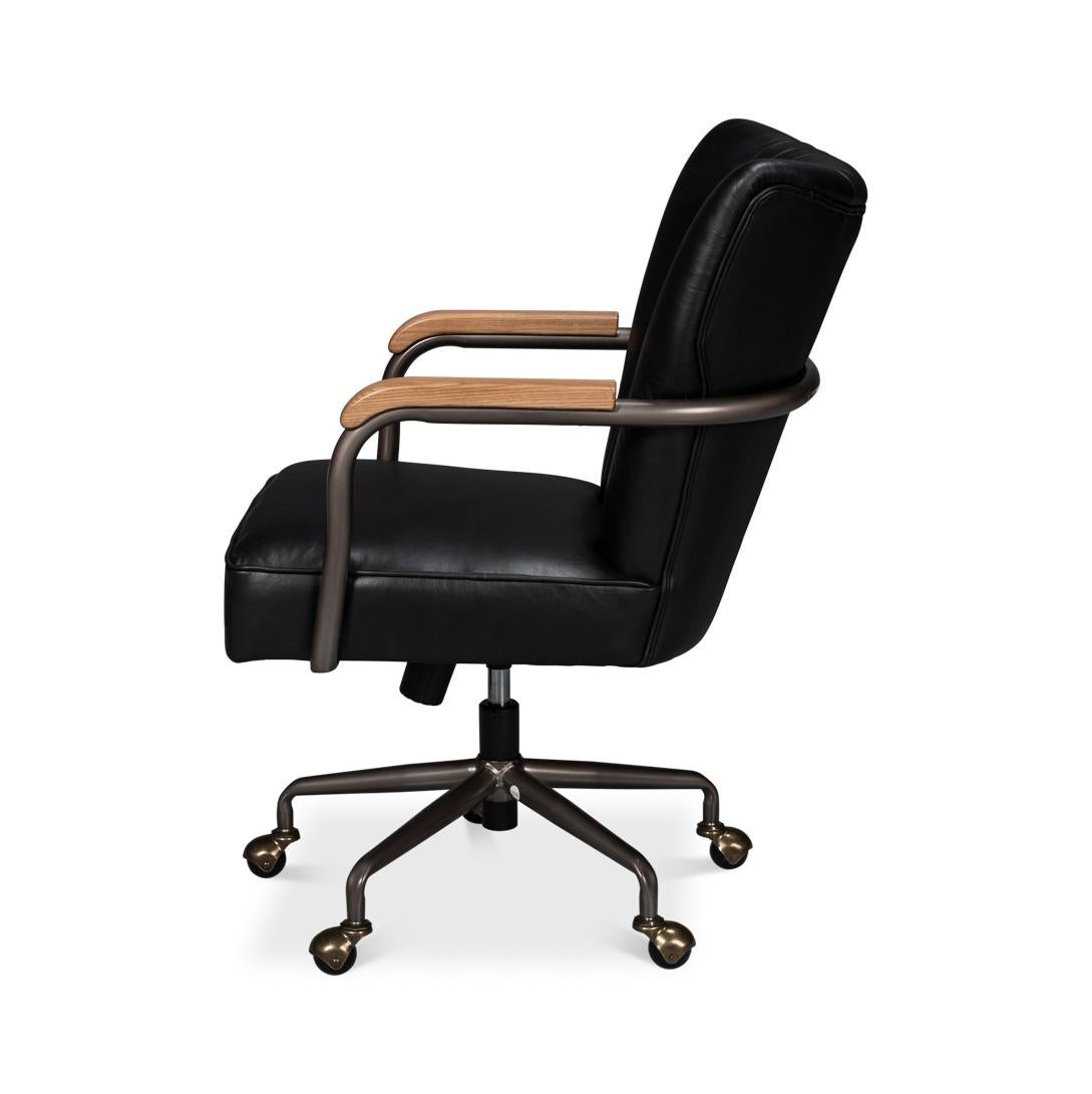 Modern Industrial Black Leather Desk Chair For Sale