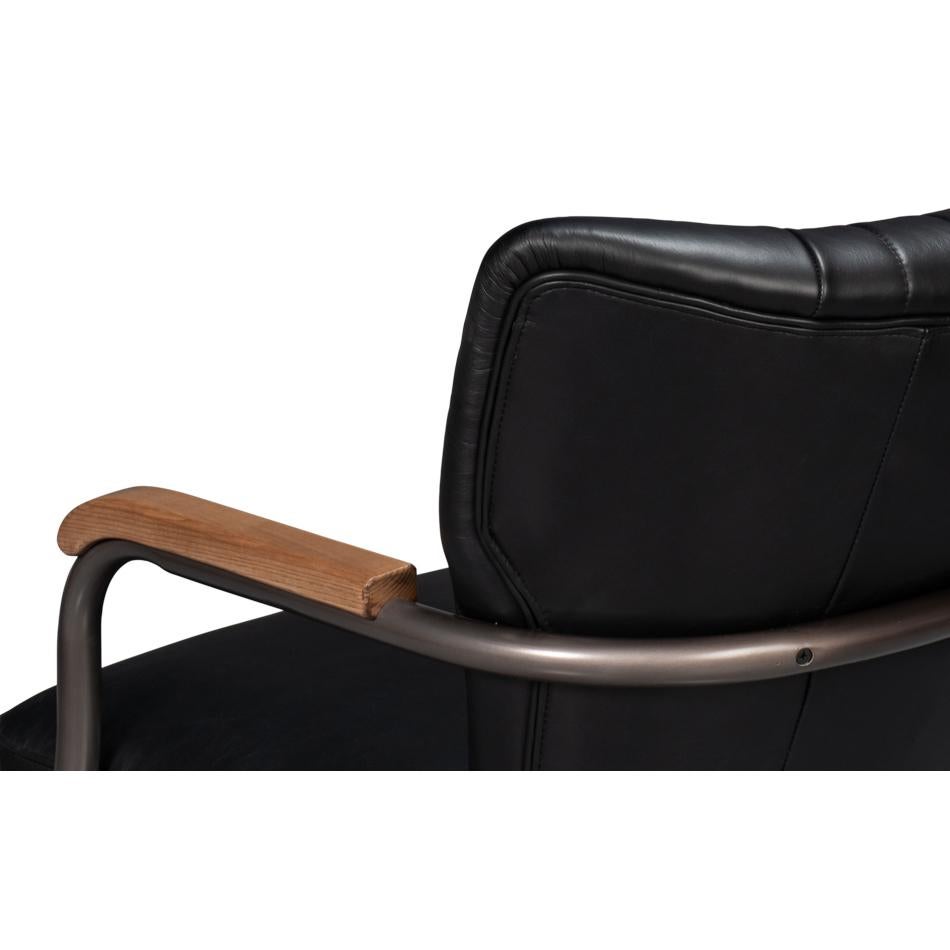 Metal Industrial Black Leather Desk Chair For Sale