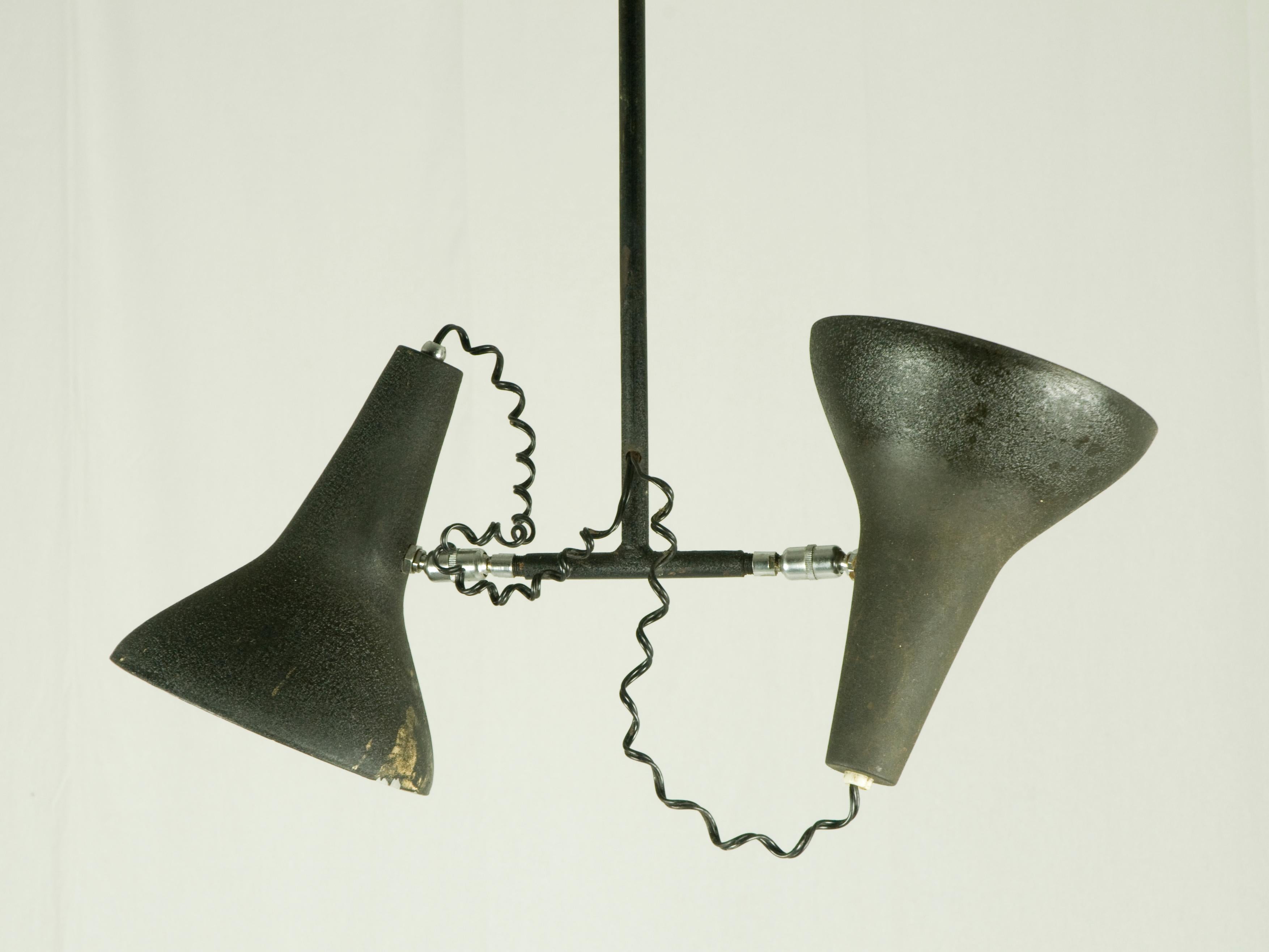 Mid-Century Modern Industrial Black Metal Mid Century Pendant Lamp with 2 Adjustable Shades For Sale