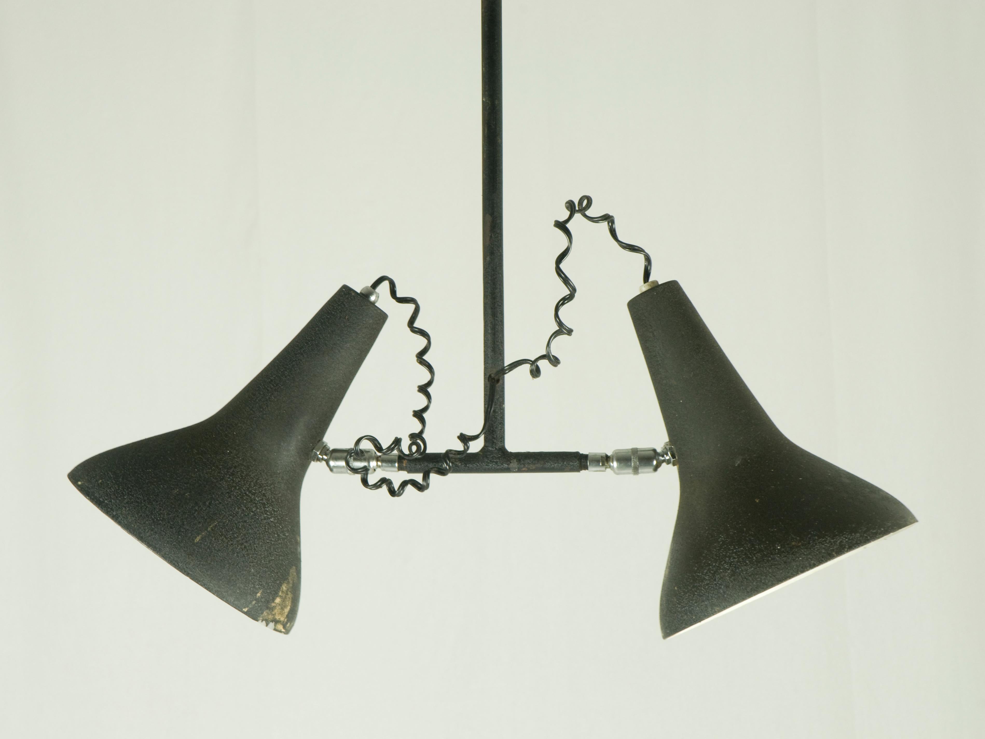 Painted Industrial Black Metal Mid Century Pendant Lamp with 2 Adjustable Shades For Sale