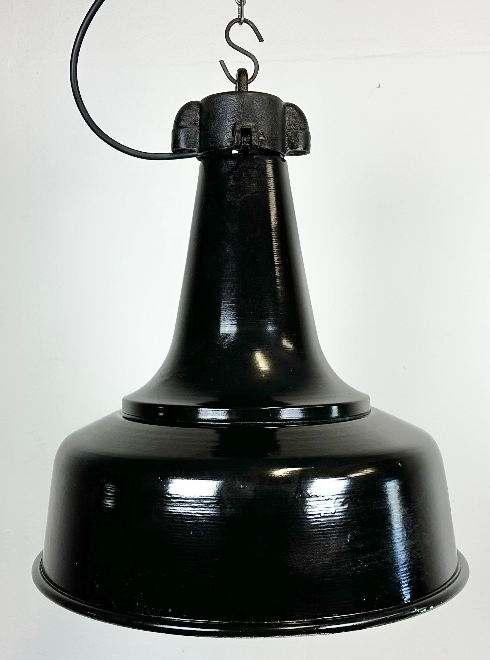 Czech Industrial Black Pendant Factory Lamp with Cast Iron Top, 1970s For Sale