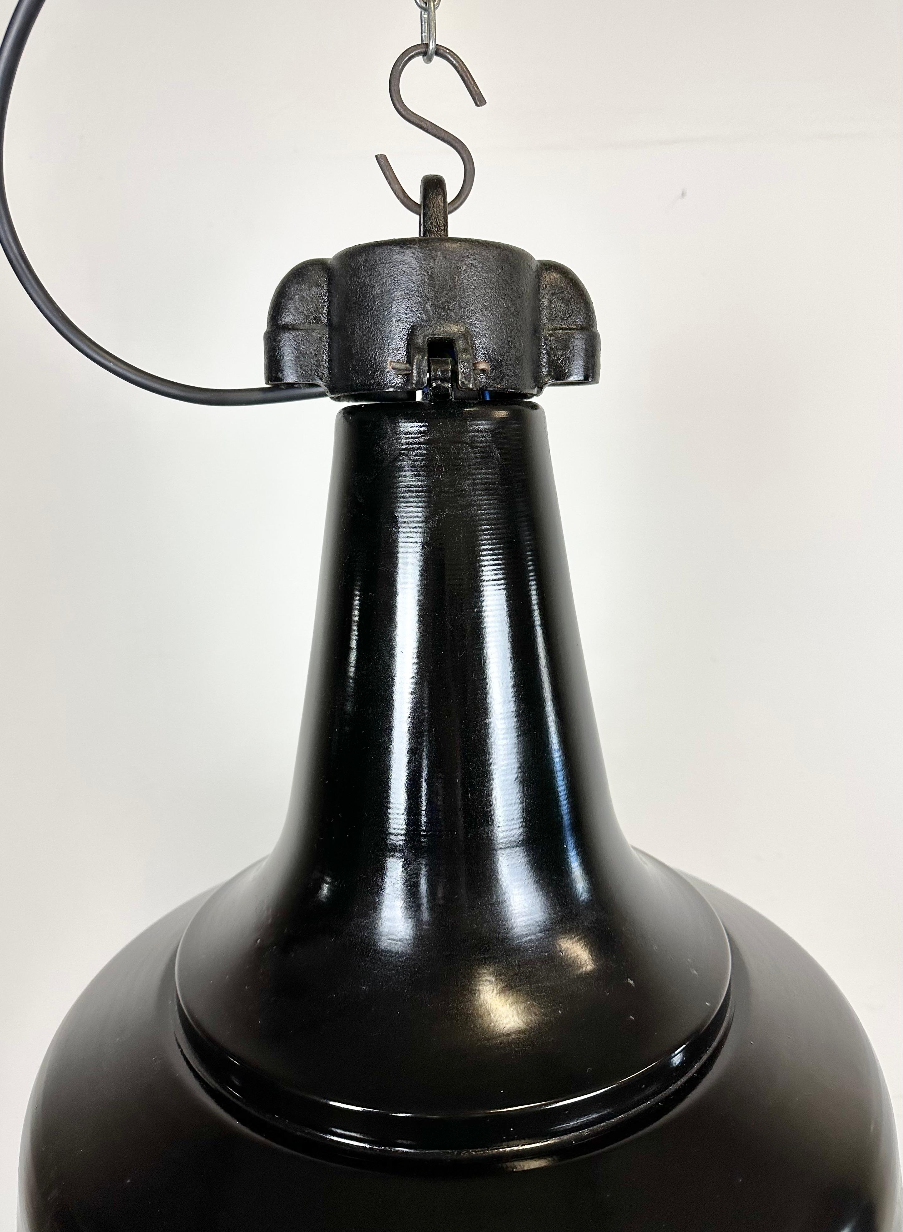Lacquered Industrial Black Pendant Factory Lamp with Cast Iron Top, 1970s For Sale