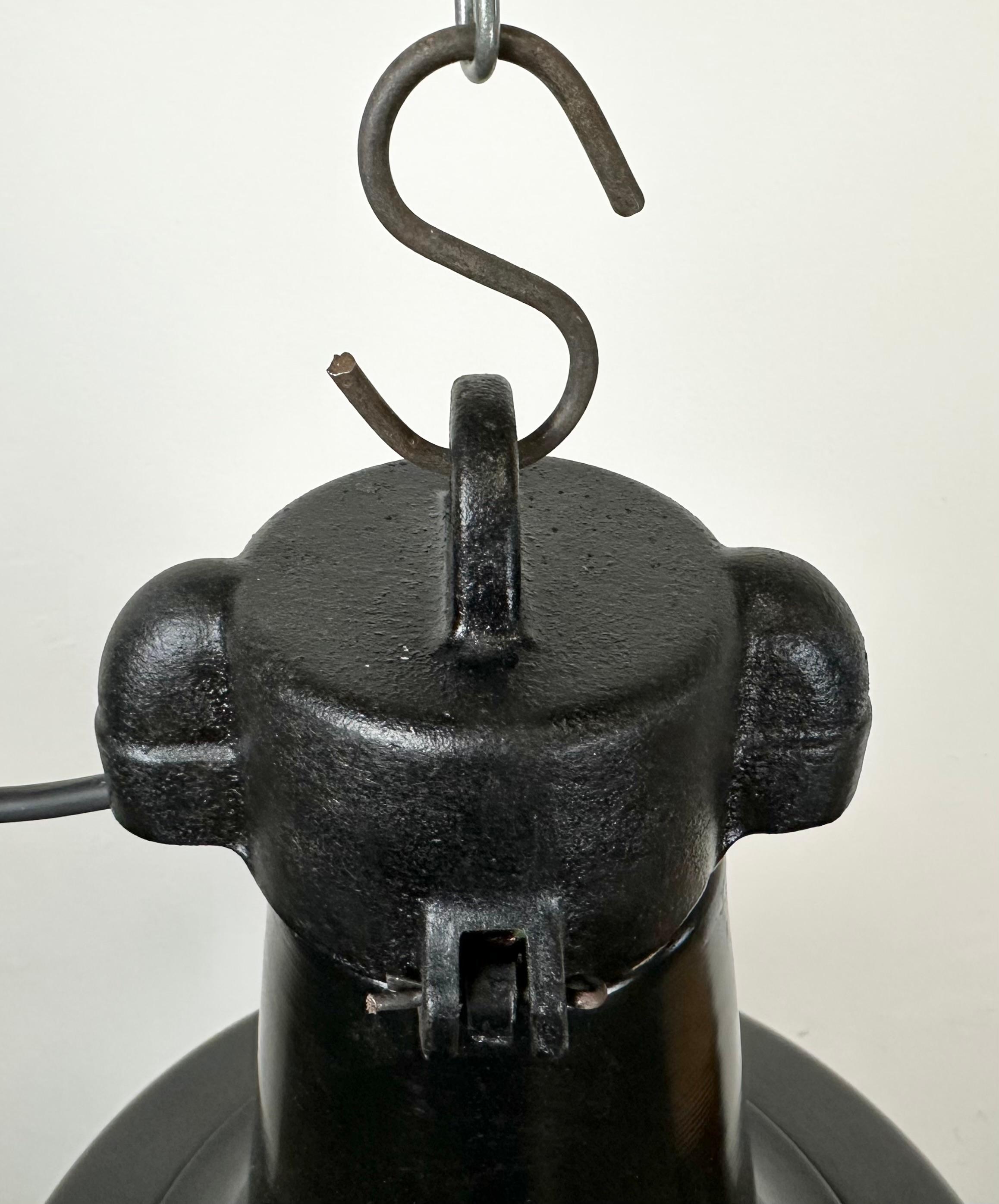 Industrial Black Pendant Factory Lamp with Cast Iron Top, 1970s For Sale 1