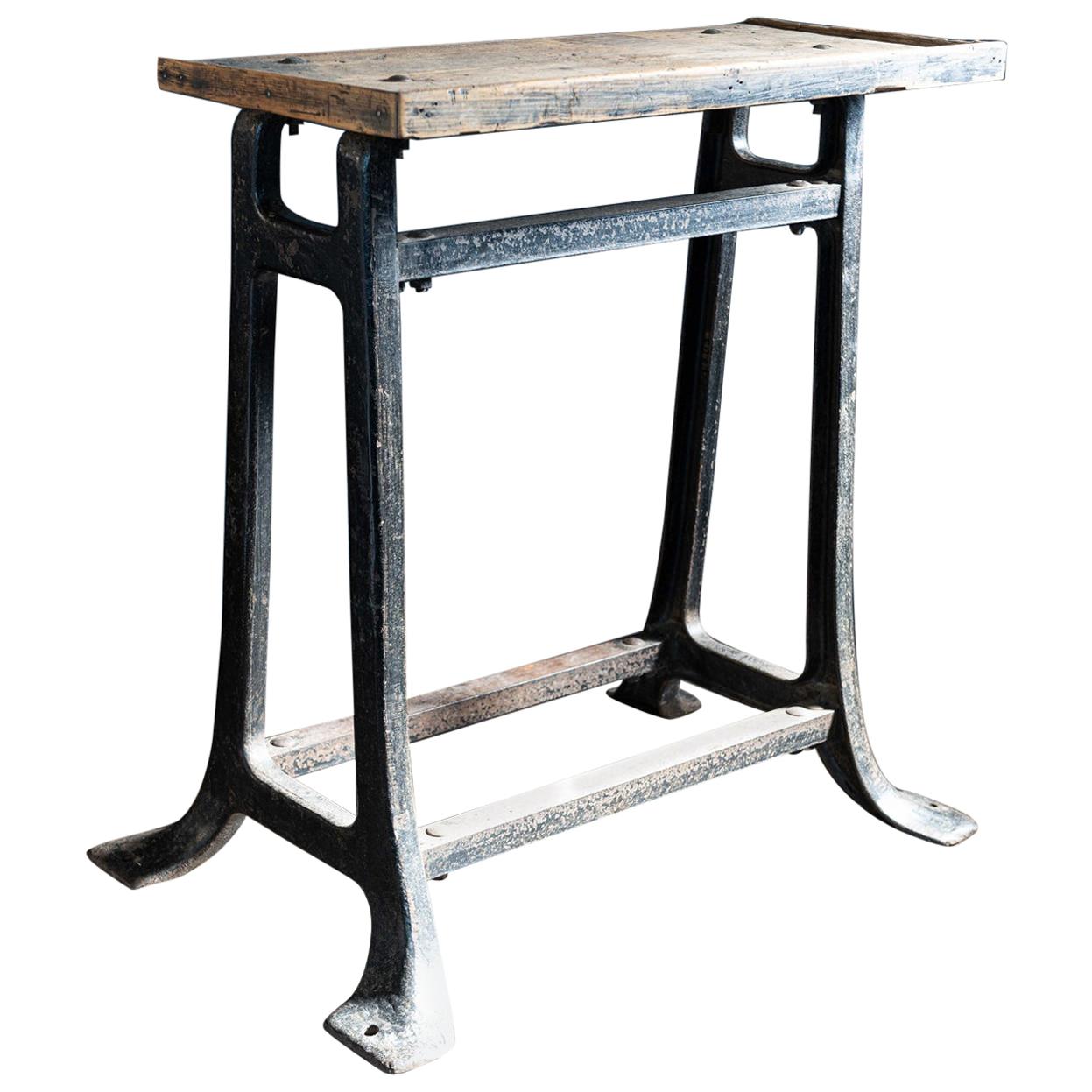 Industrial Black Wrought Iron and Pine Riveted Side Table, English