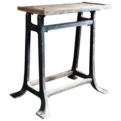 Industrial Black Wrought Iron and Pine Riveted Side Table, English