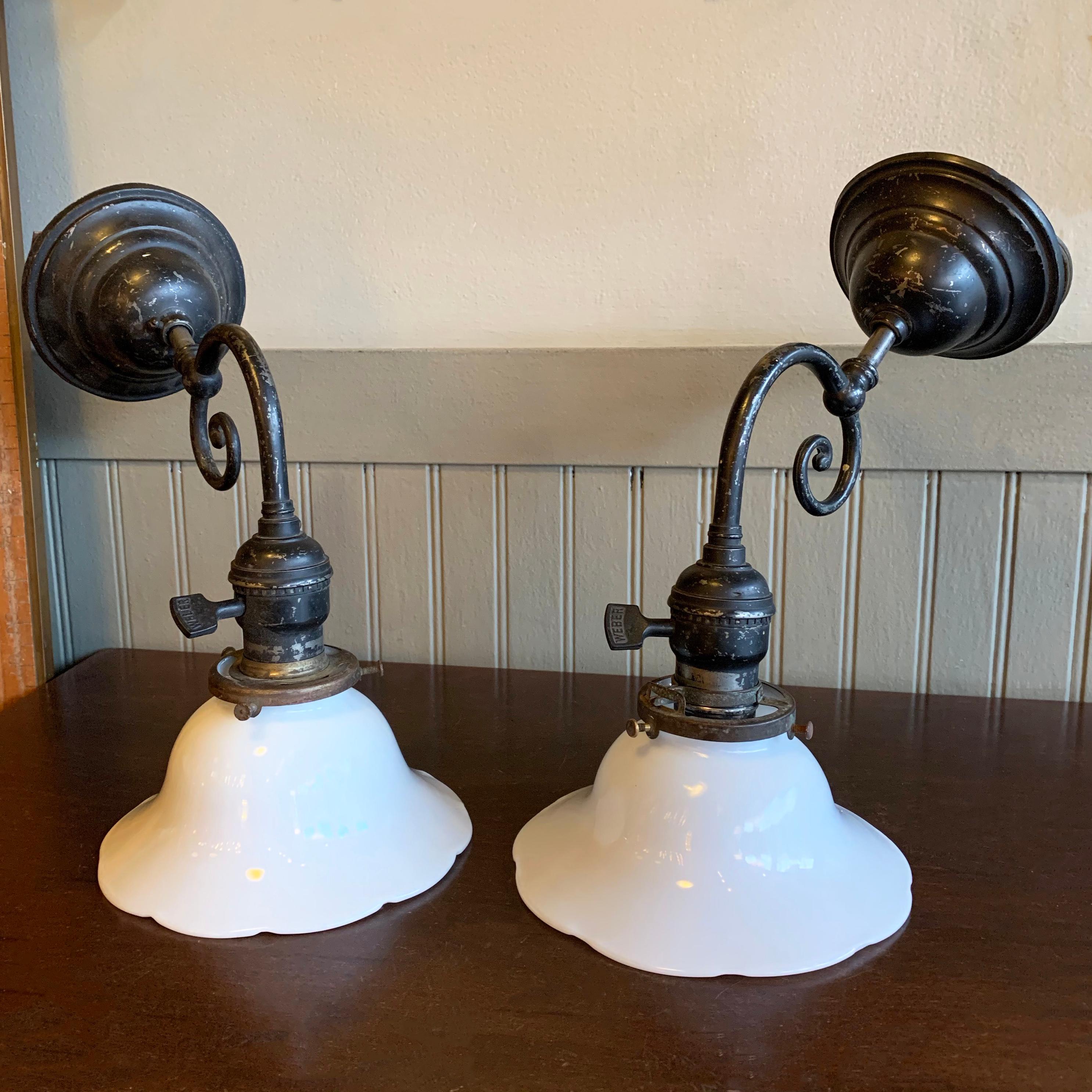 American Industrial Blackened Nickel and Milk Glass Wall Sconce Lamps