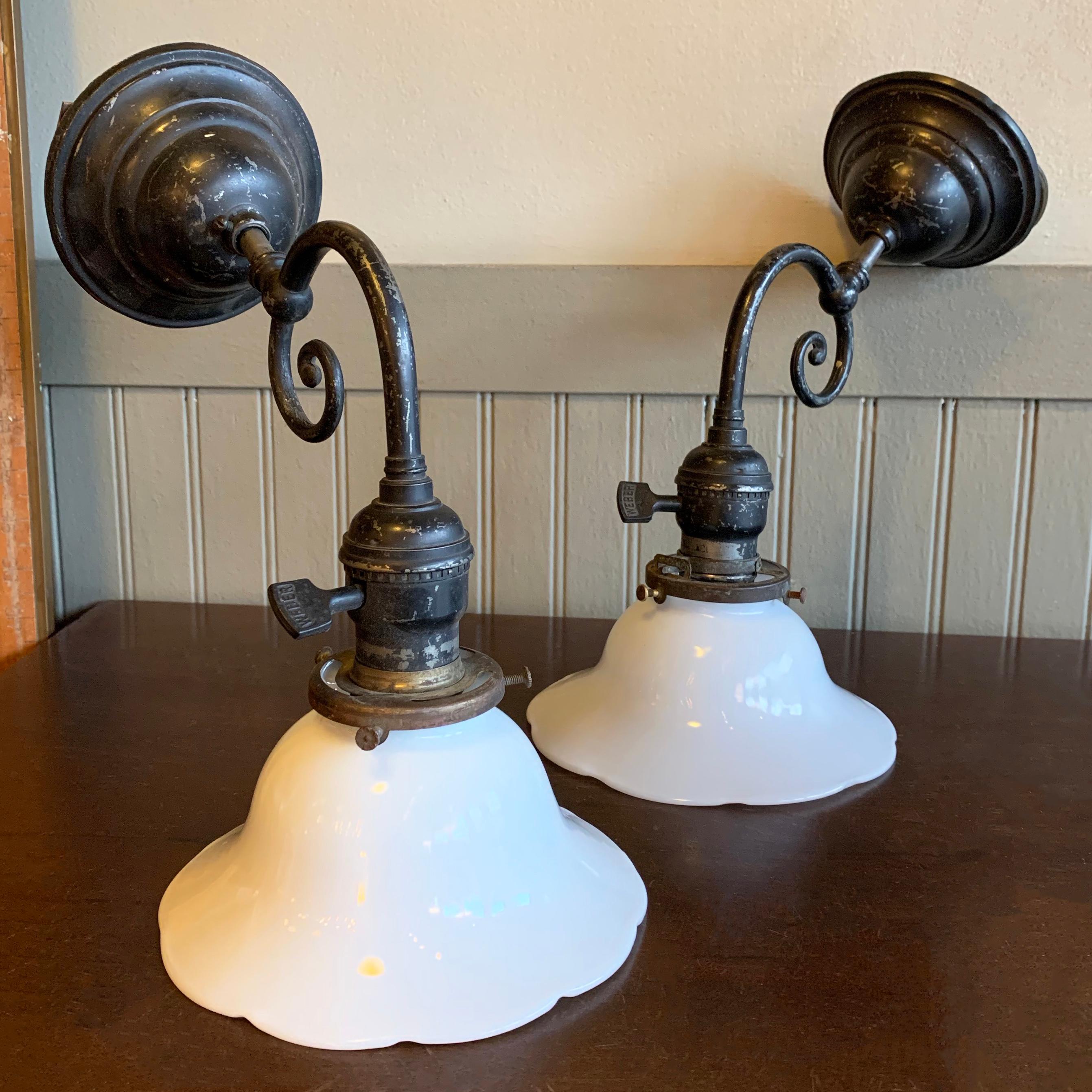 Industrial Blackened Nickel and Milk Glass Wall Sconce Lamps In Good Condition In Brooklyn, NY