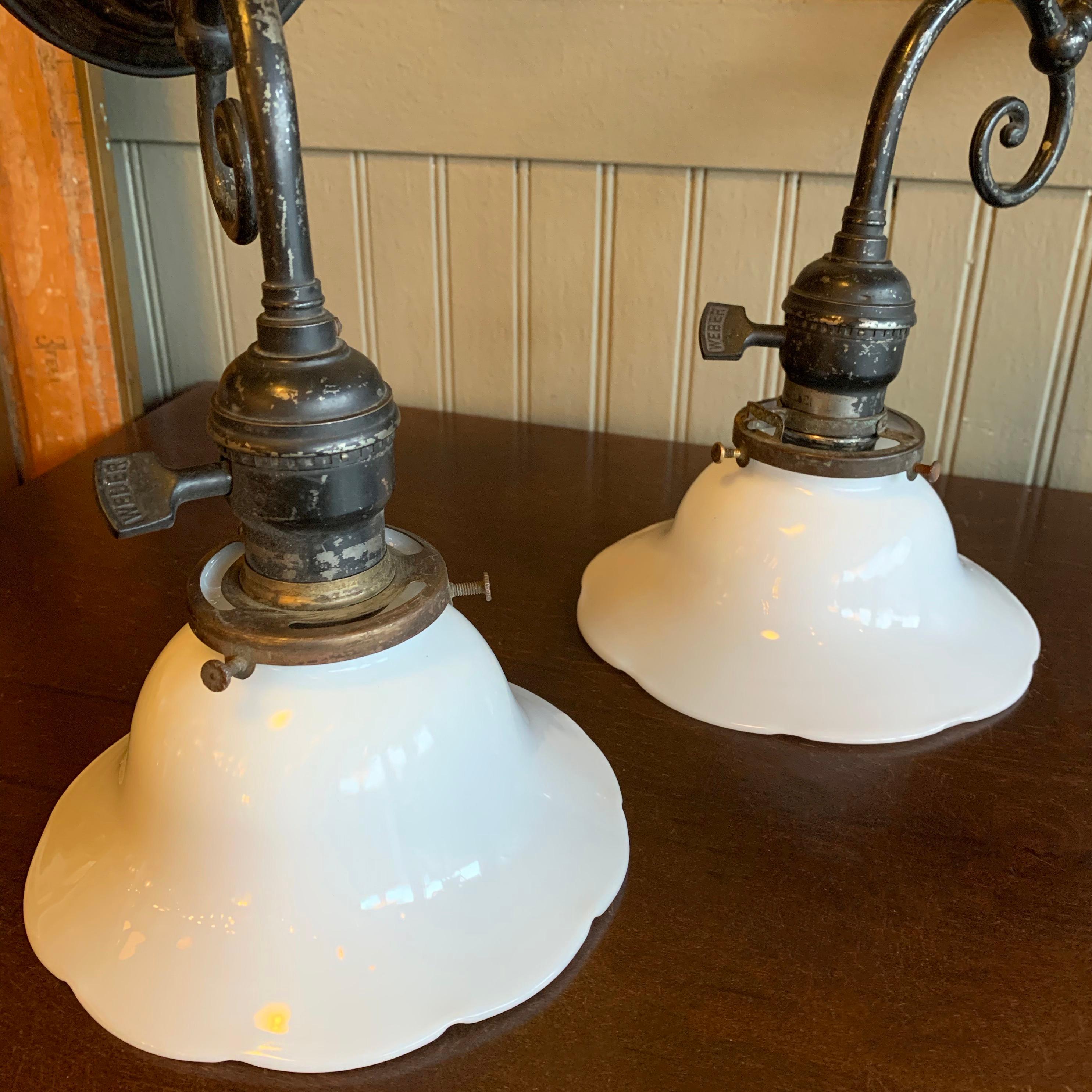 20th Century Industrial Blackened Nickel and Milk Glass Wall Sconce Lamps