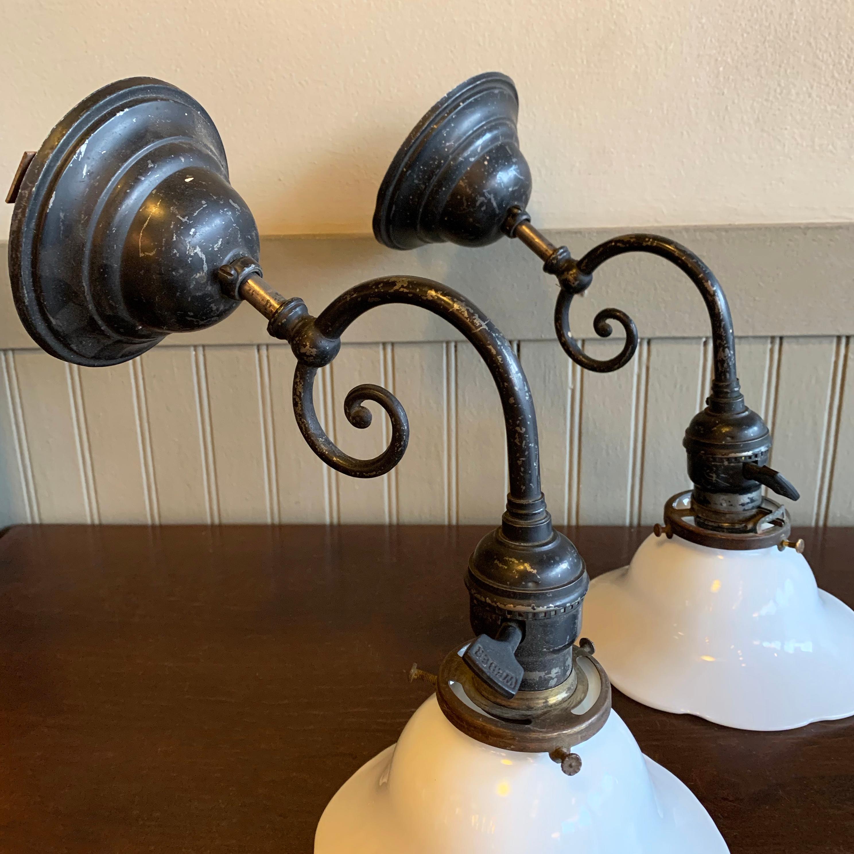 Industrial Blackened Nickel and Milk Glass Wall Sconce Lamps 1