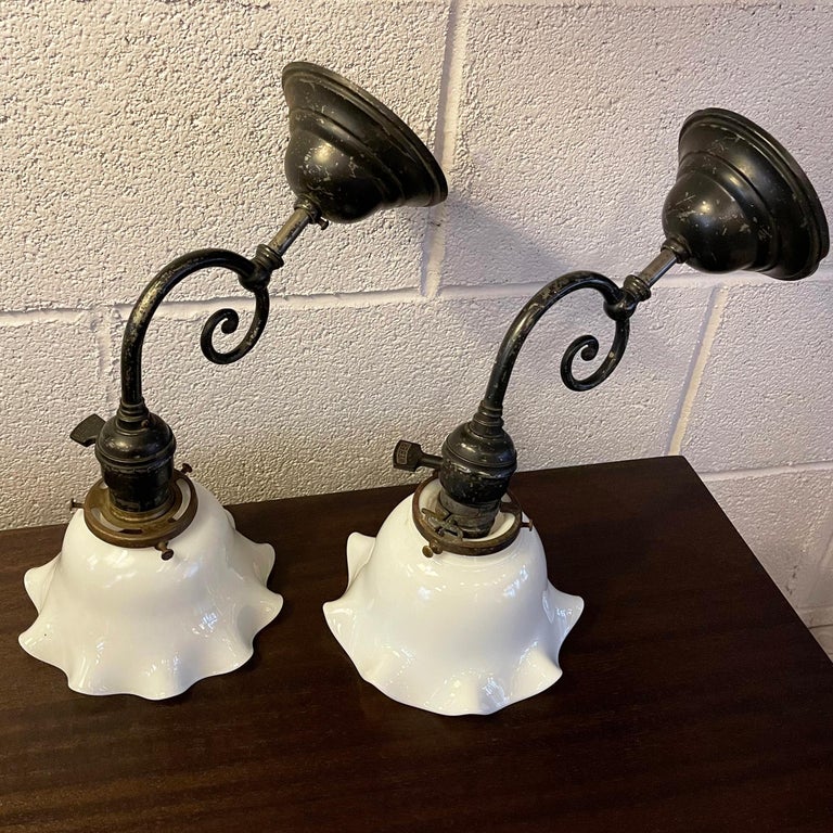 20th Century Industrial Blackened Nickel and Milk Glass Wall Sconce Lamps For Sale