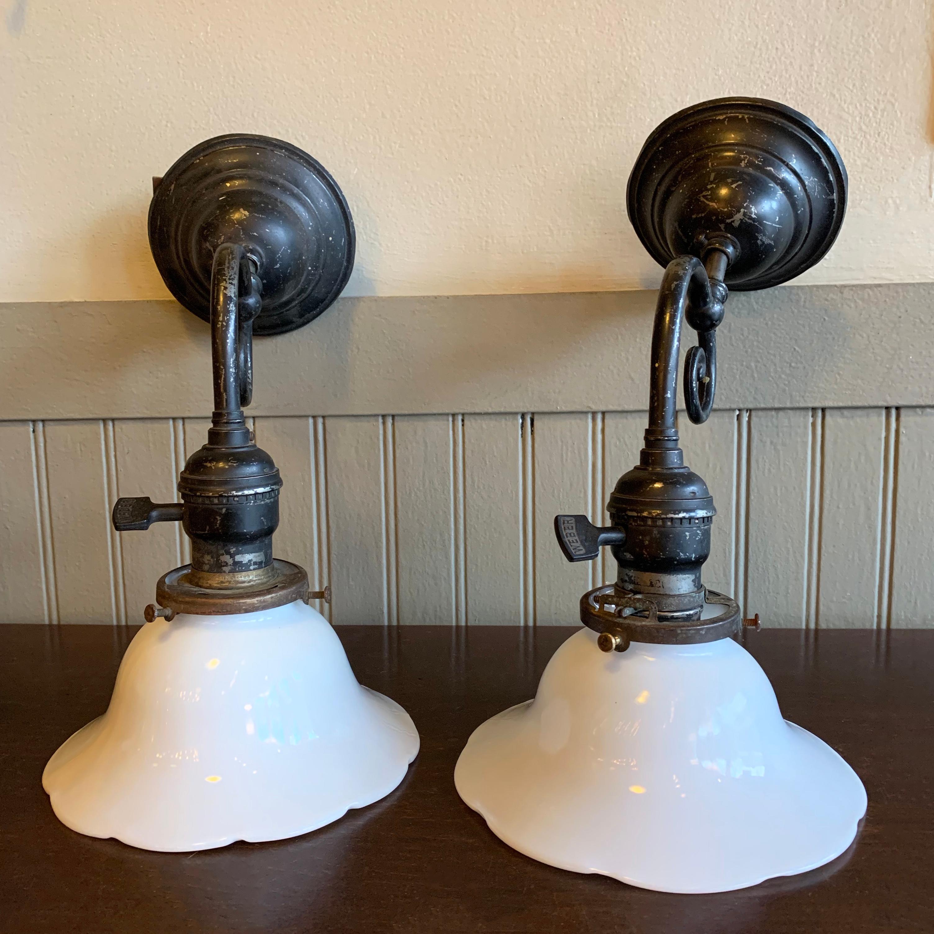Industrial Blackened Nickel and Milk Glass Wall Sconce Lamps 2