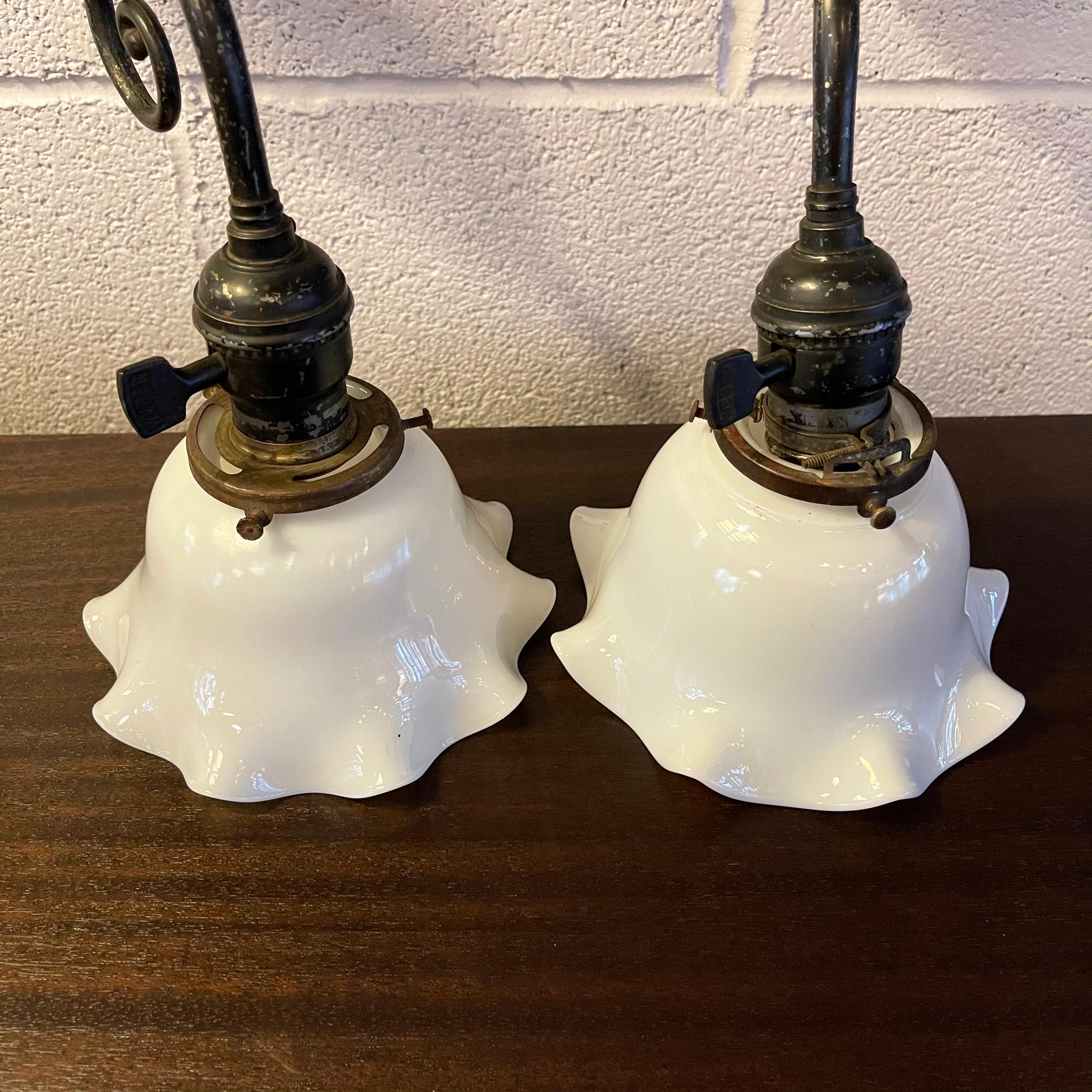 American Industrial Blackened Nickel and Milk Glass Wall Sconce Lamps For Sale