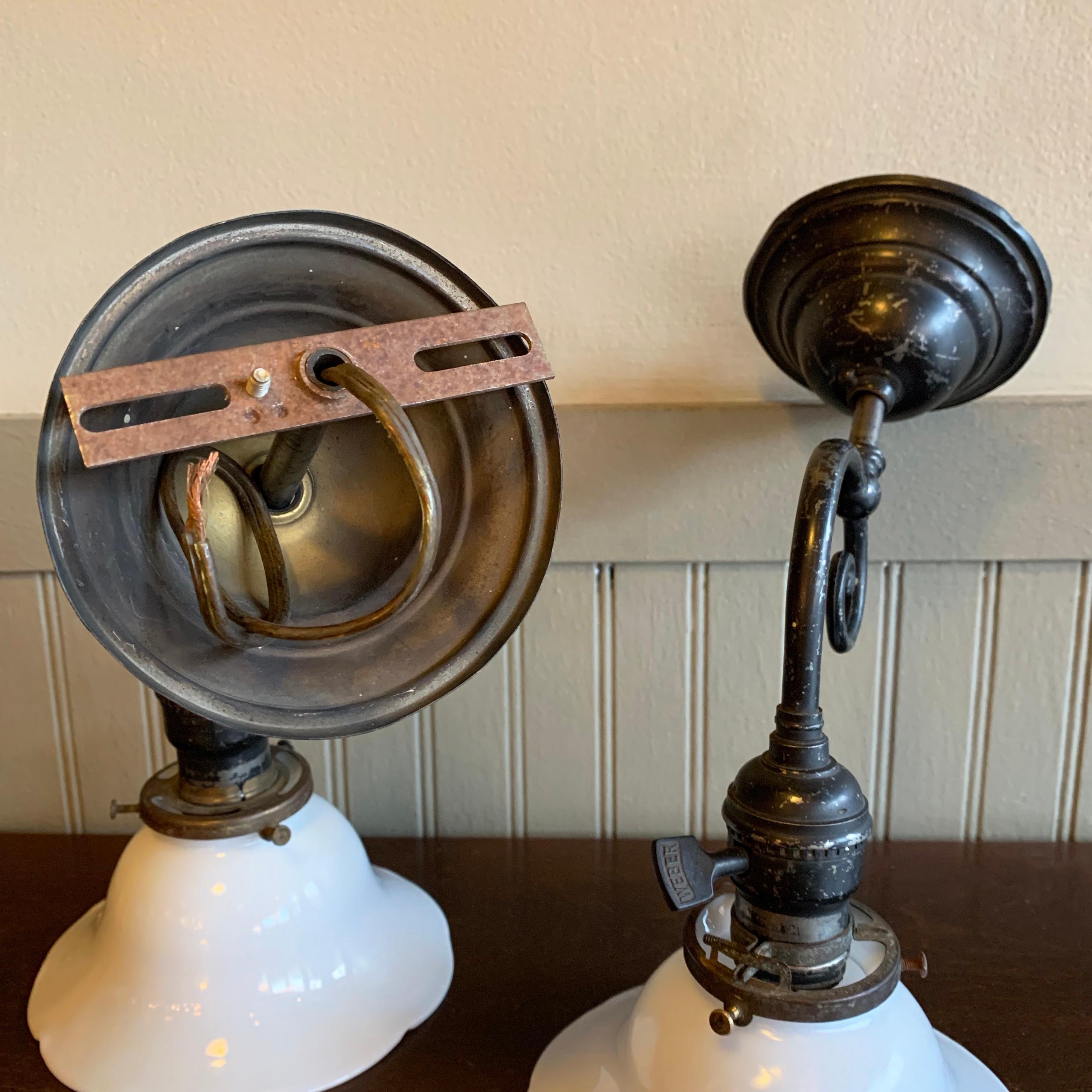 Industrial Blackened Nickel and Milk Glass Wall Sconce Lamps 3