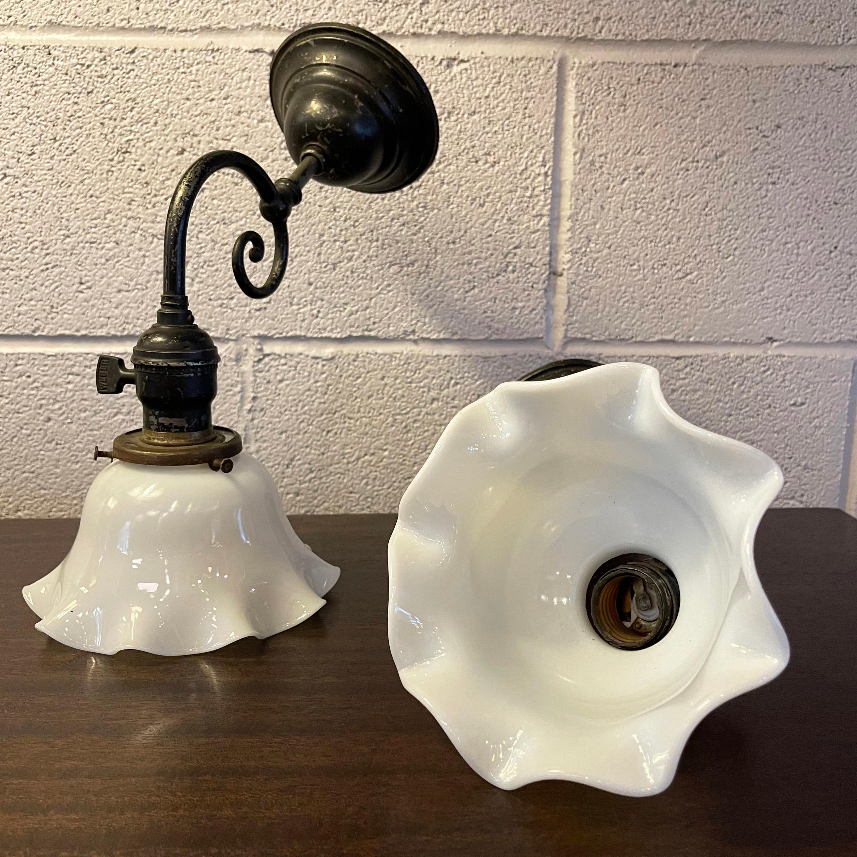 Industrial Blackened Nickel and Milk Glass Wall Sconce Lamps In Good Condition For Sale In Brooklyn, NY