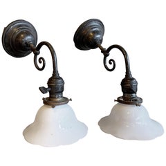 Industrial Blackened Nickel and Milk Glass Wall Sconce Lamps